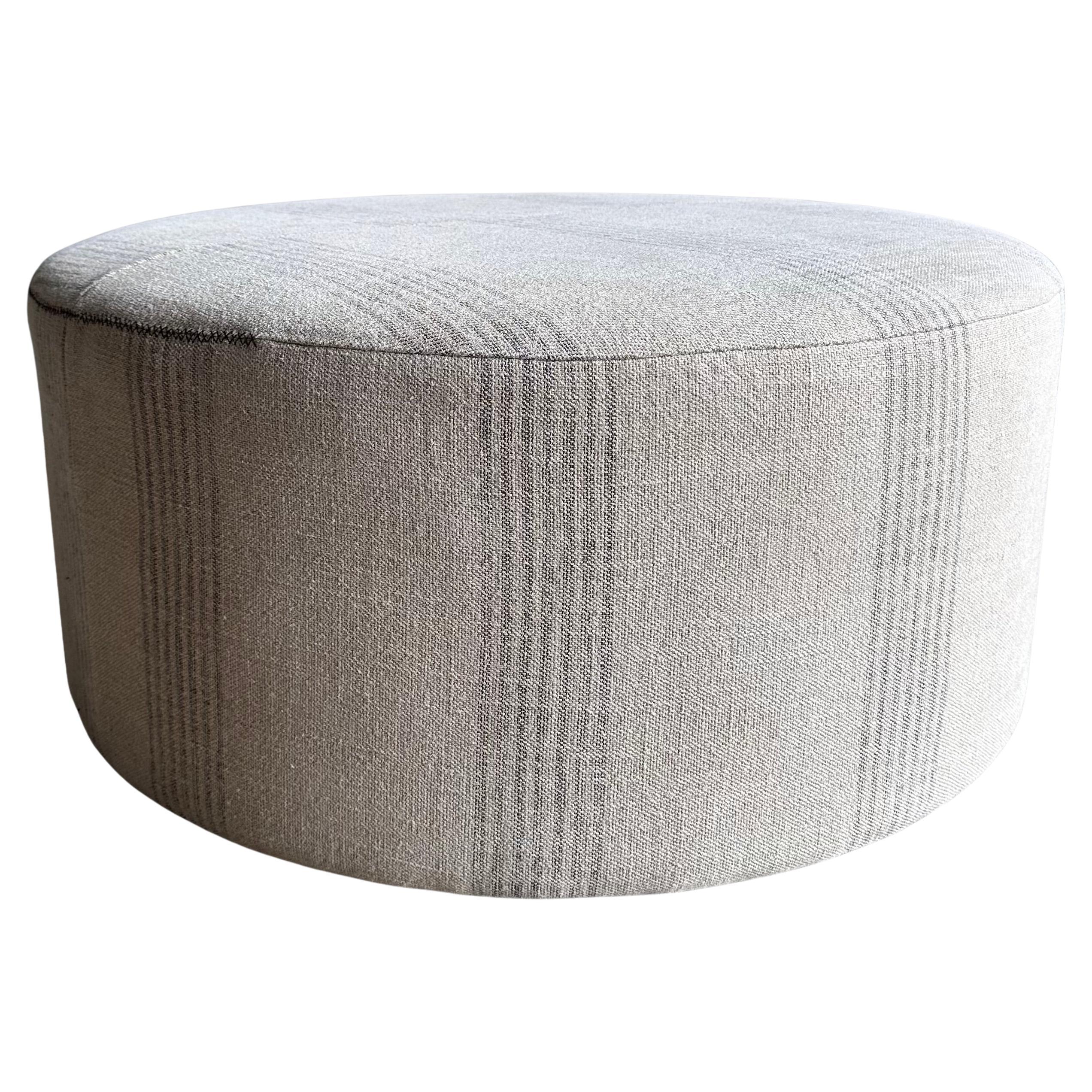 Ottoman rond 36" en lin lourd rayé