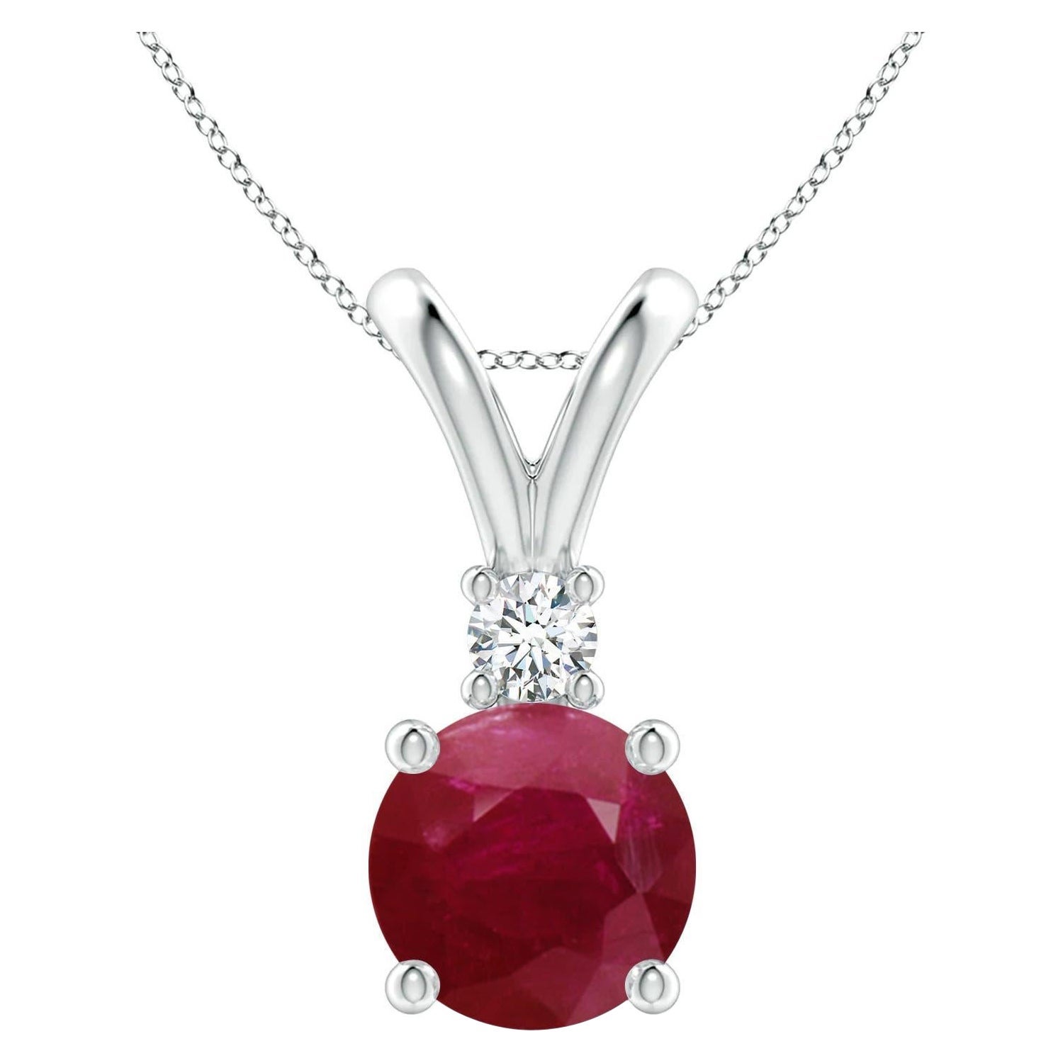 Pendentif solitaire en or blanc 14 carats avec diamants et rubis rond de 3,75 carats