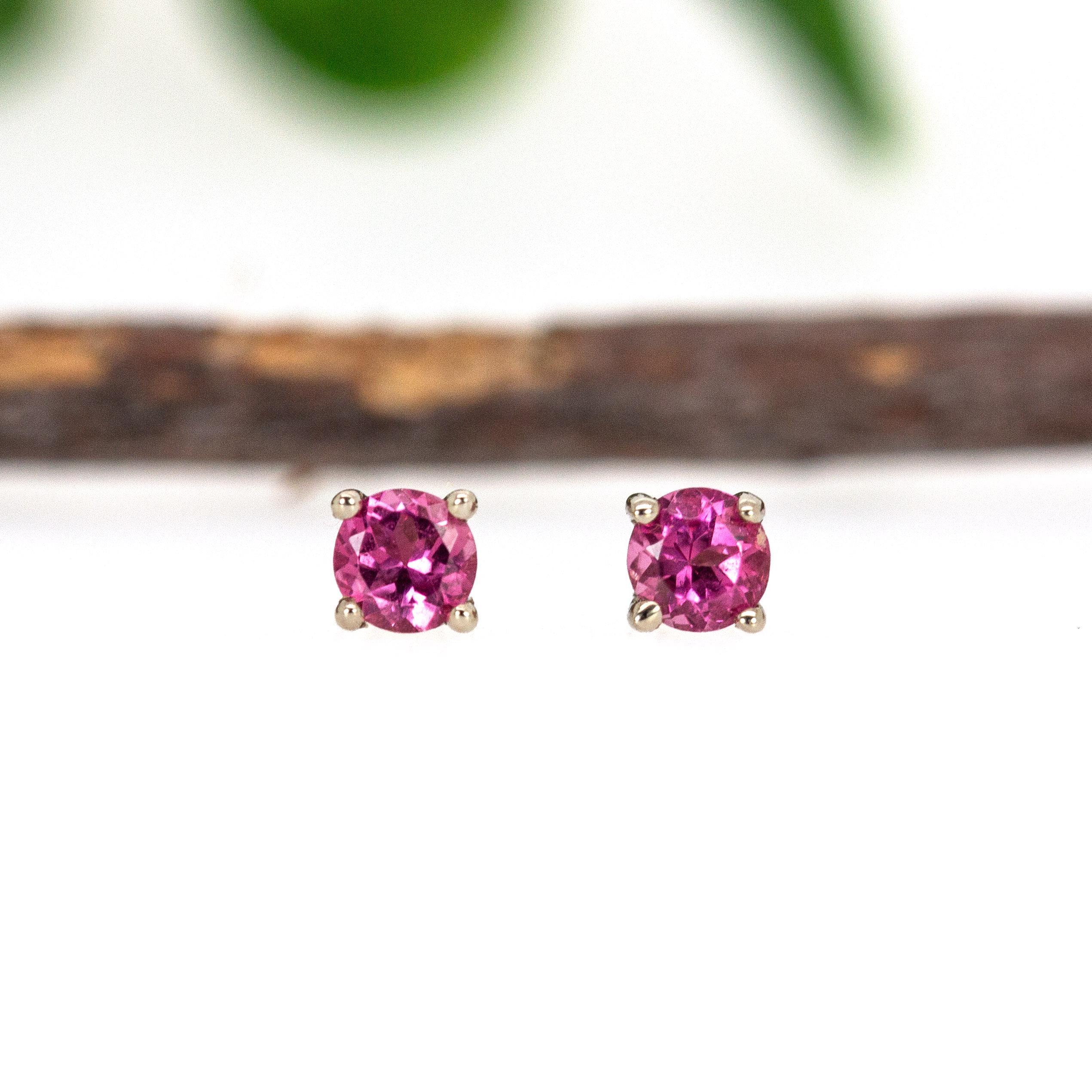 Contemporary Round 3mm - Pink Tourmaline Solitaire Studs in Solid 14K White Gold For Sale