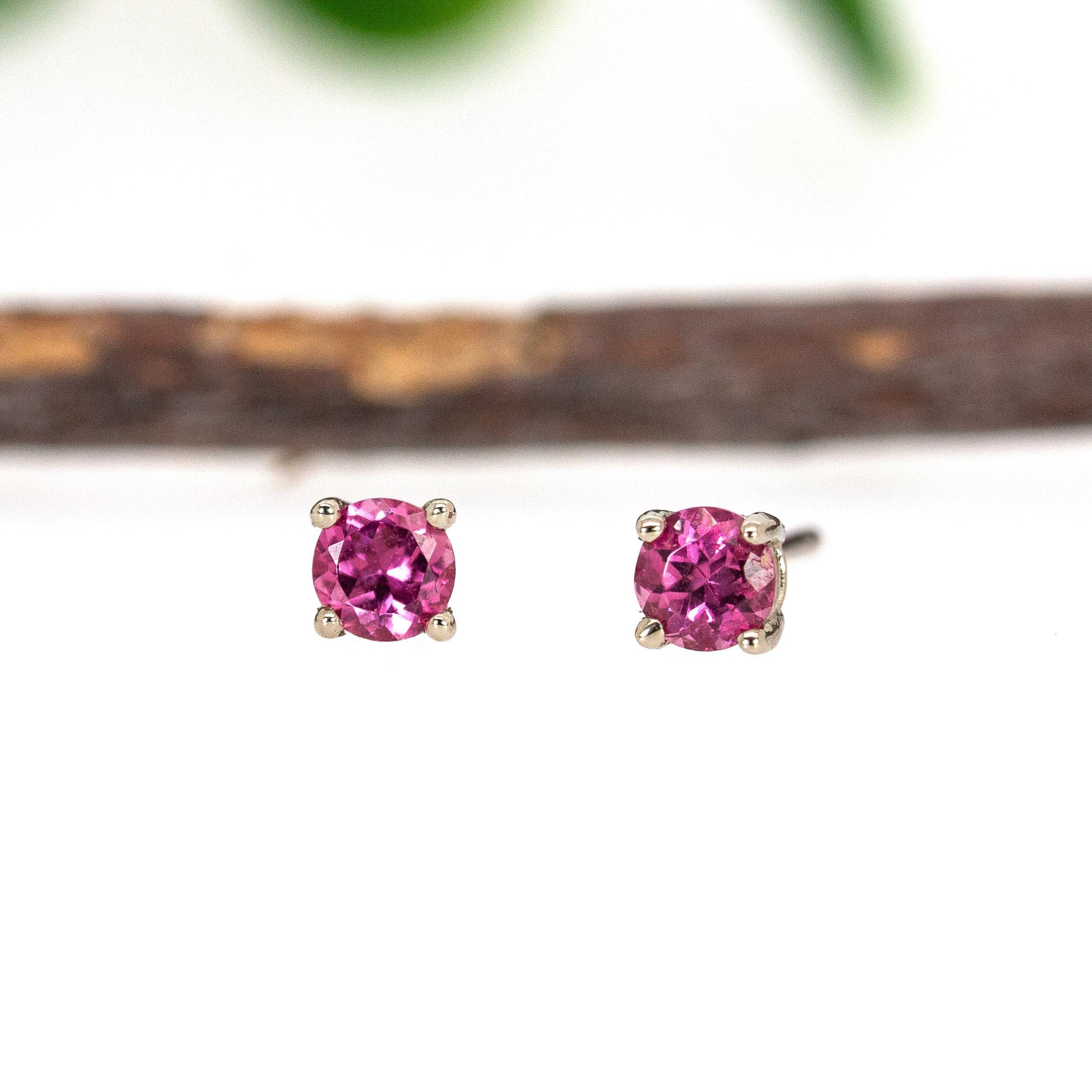 Round Cut Round 3mm - Pink Tourmaline Solitaire Studs in Solid 14K White Gold For Sale