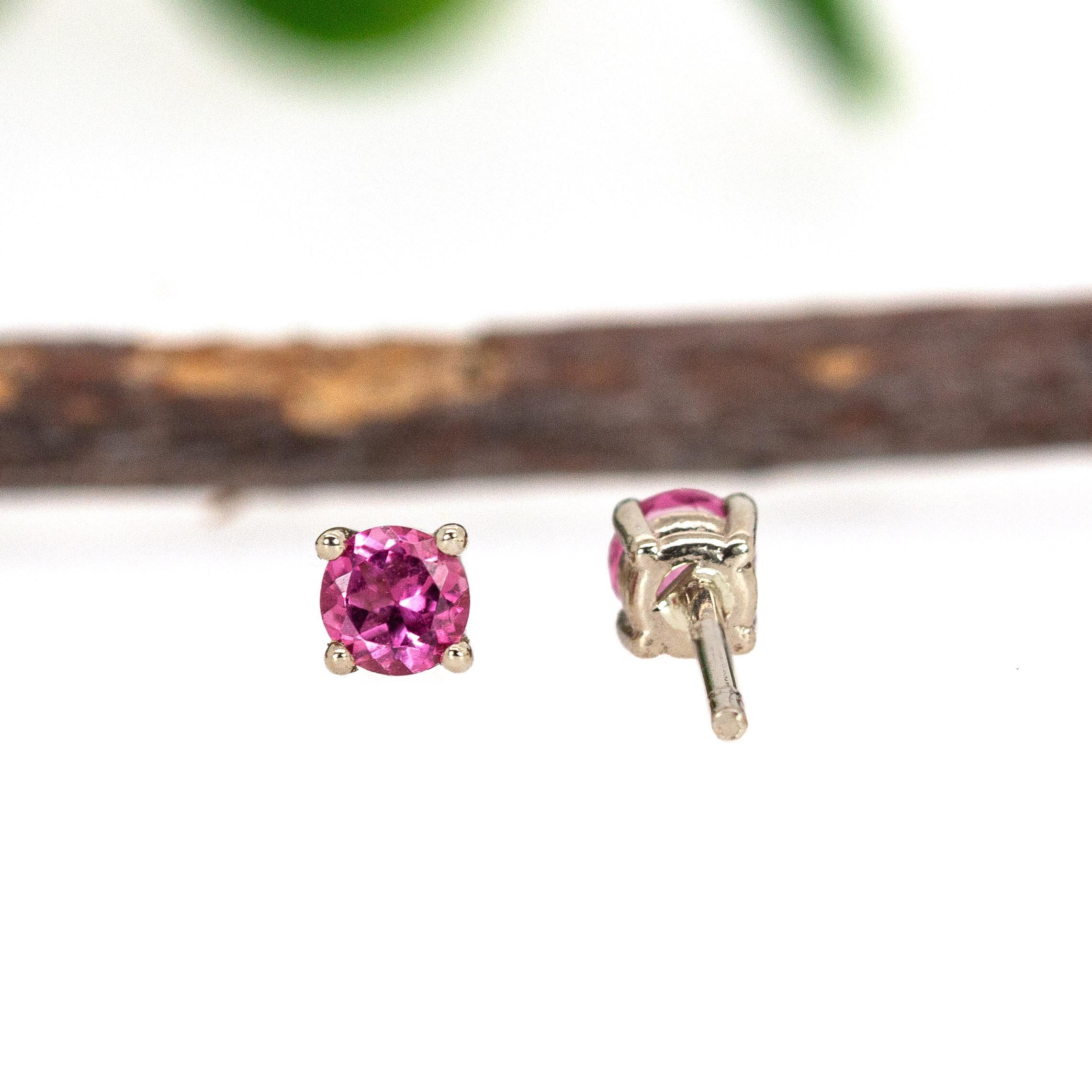 Round 3mm - Pink Tourmaline Solitaire Studs in Solid 14K White Gold In New Condition For Sale In Columbus, OH