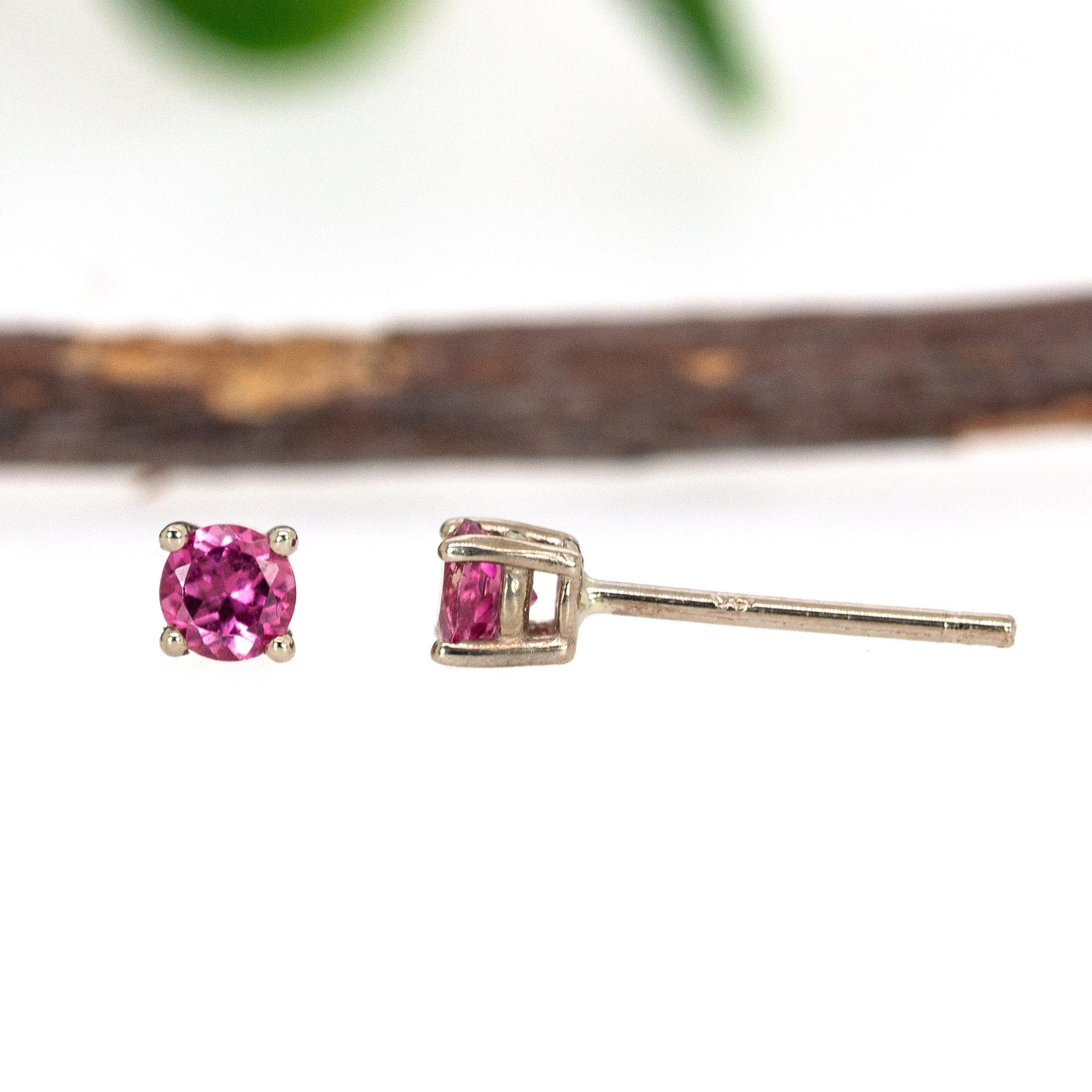 Women's Round 3mm - Pink Tourmaline Solitaire Studs in Solid 14K White Gold For Sale
