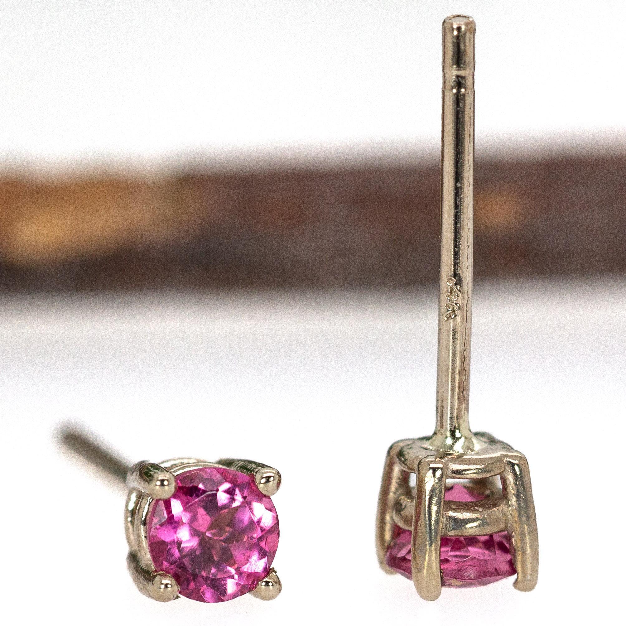 Round 3mm - Pink Tourmaline Solitaire Studs in Solid 14K White Gold For Sale 1