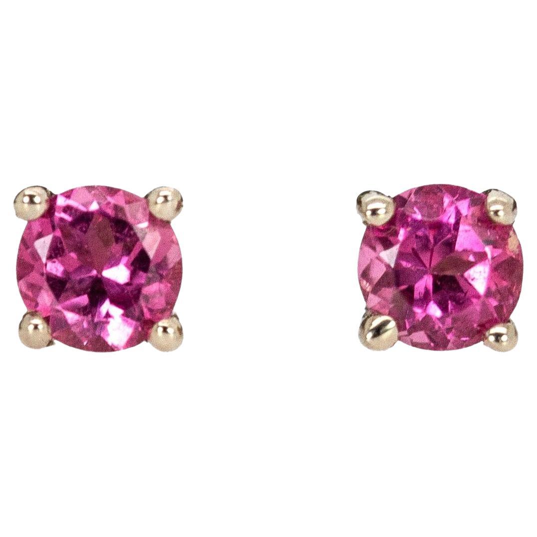 Round 3mm - Pink Tourmaline Solitaire Studs in Solid 14K White Gold For Sale