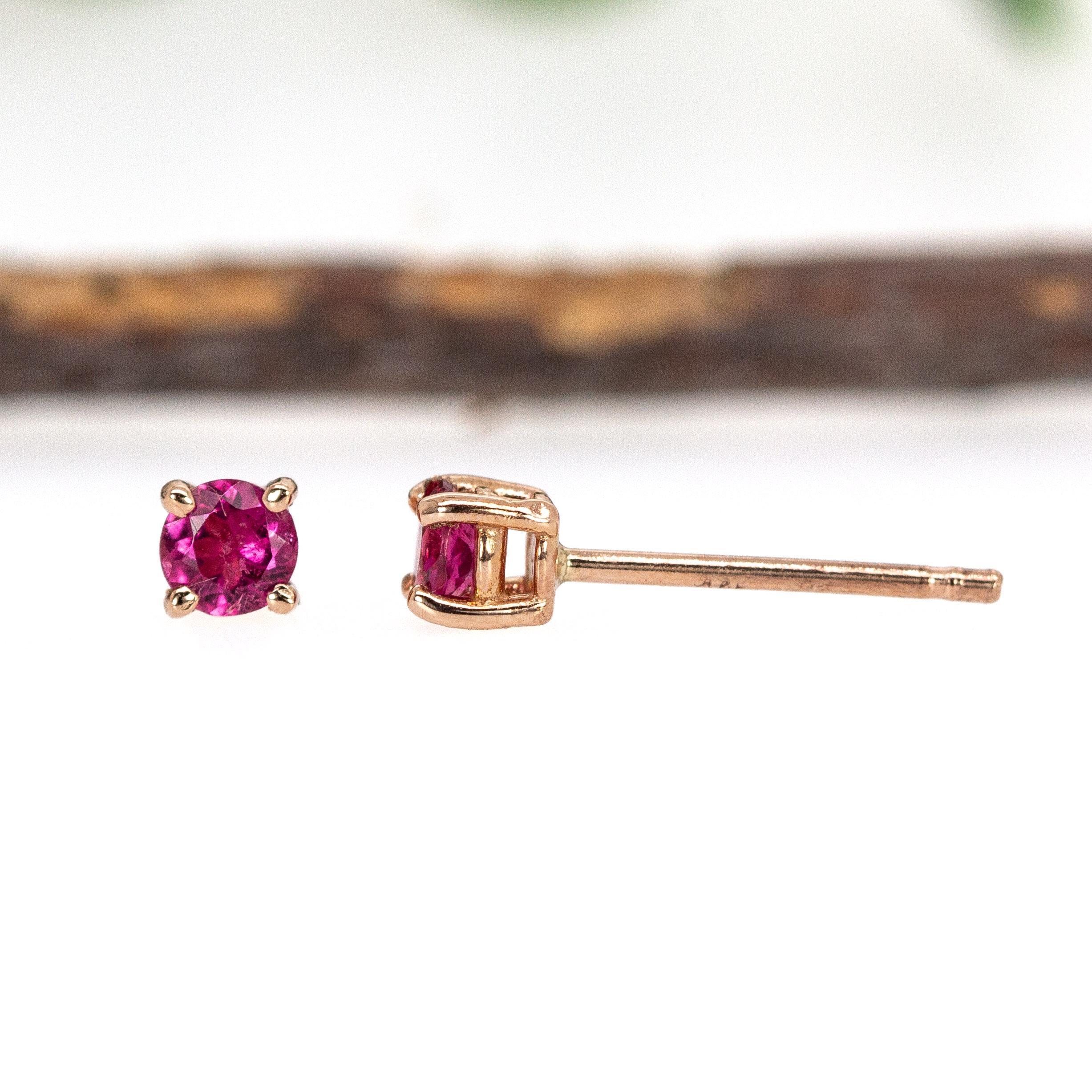 Runde 3mm solide 14K Rose Gold rosa Turmalin Solitär Ohrstecker  4 Zacken Einstellung Damen im Angebot