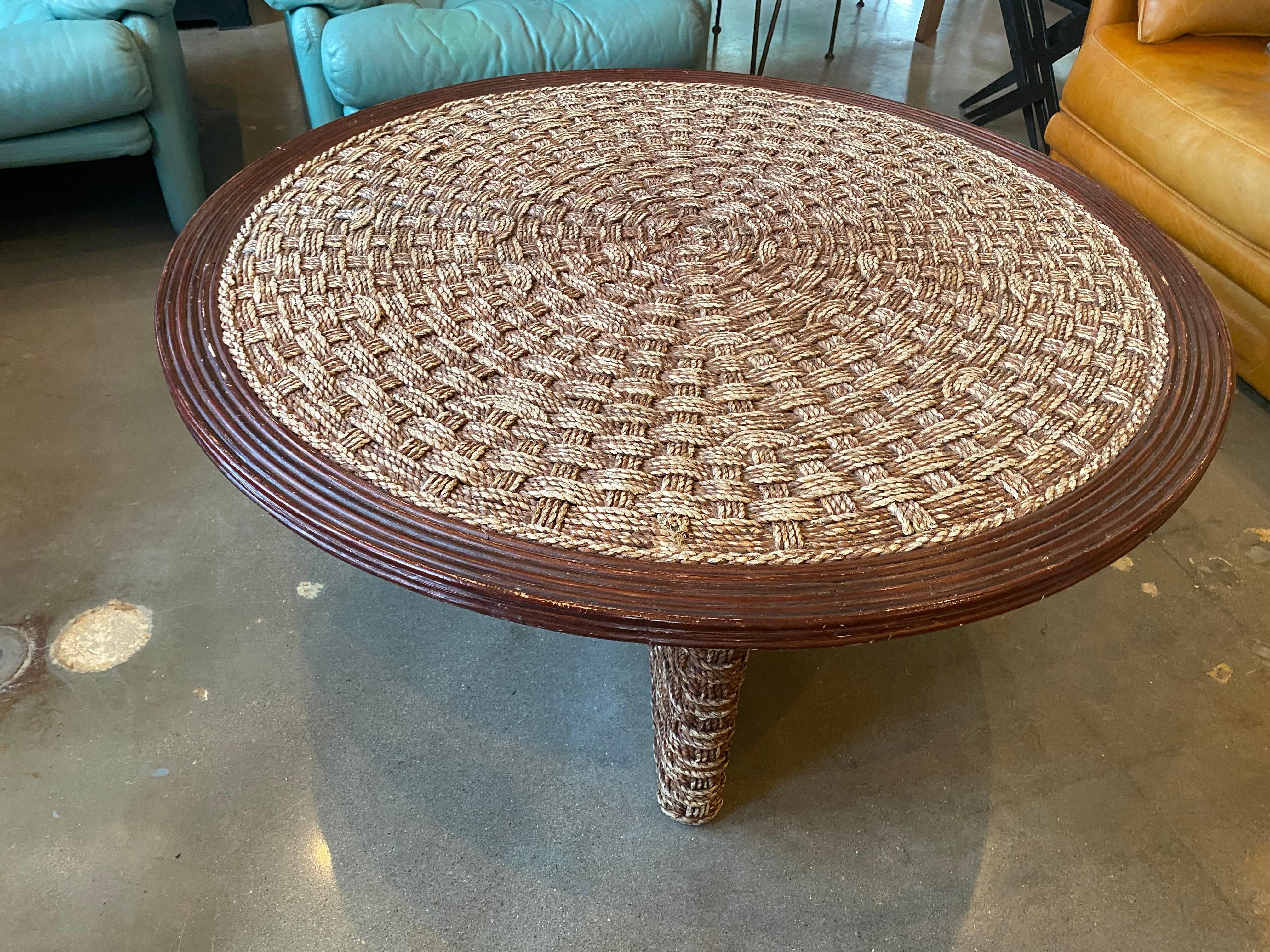 French Round Cocktail Table with Woven Rope France, 1960's