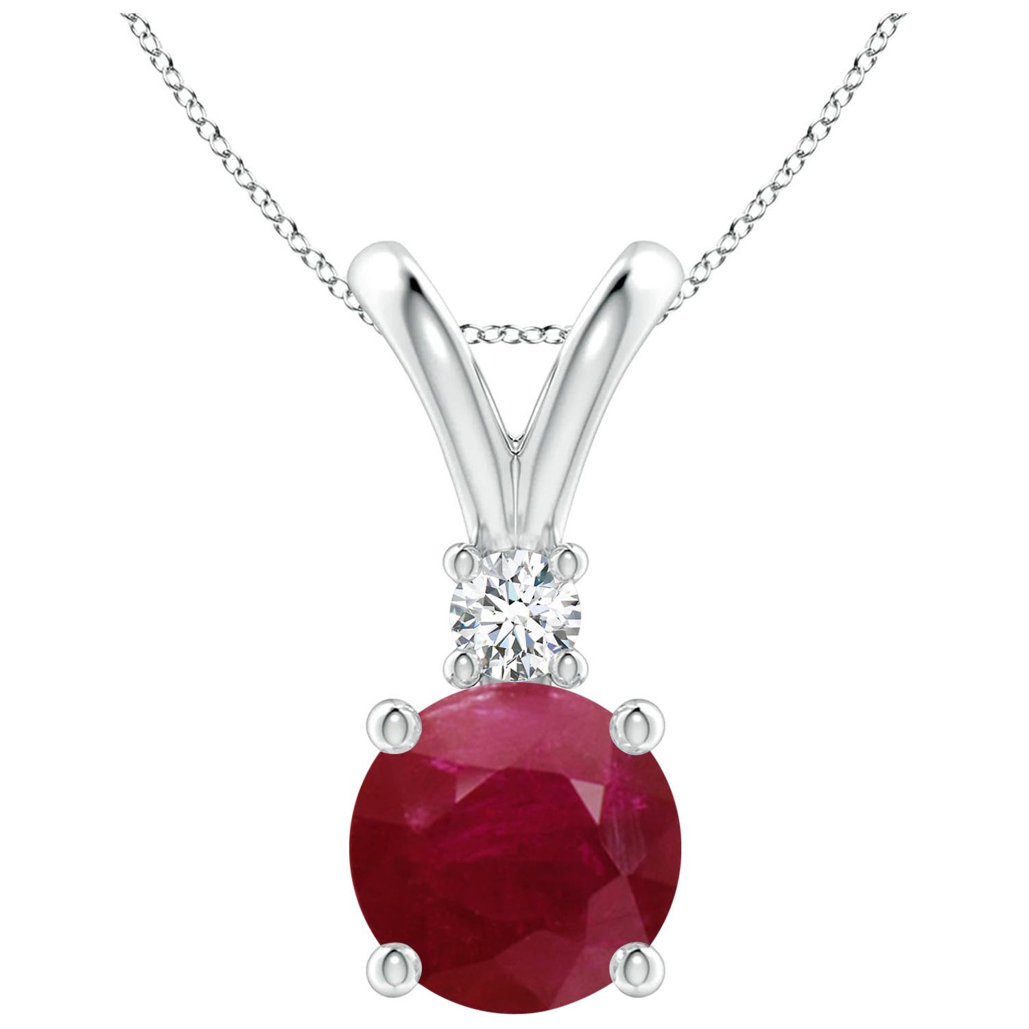 Round 4.5 ct Ruby Solitaire V-Bale Pendant with Diamond in 14K White Gold