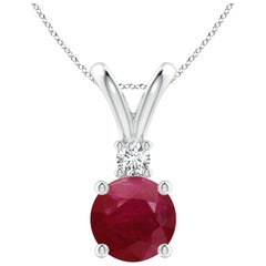 Round 4.5 ct Ruby Solitaire V-Bale Pendant with Diamond in 14K White Gold
