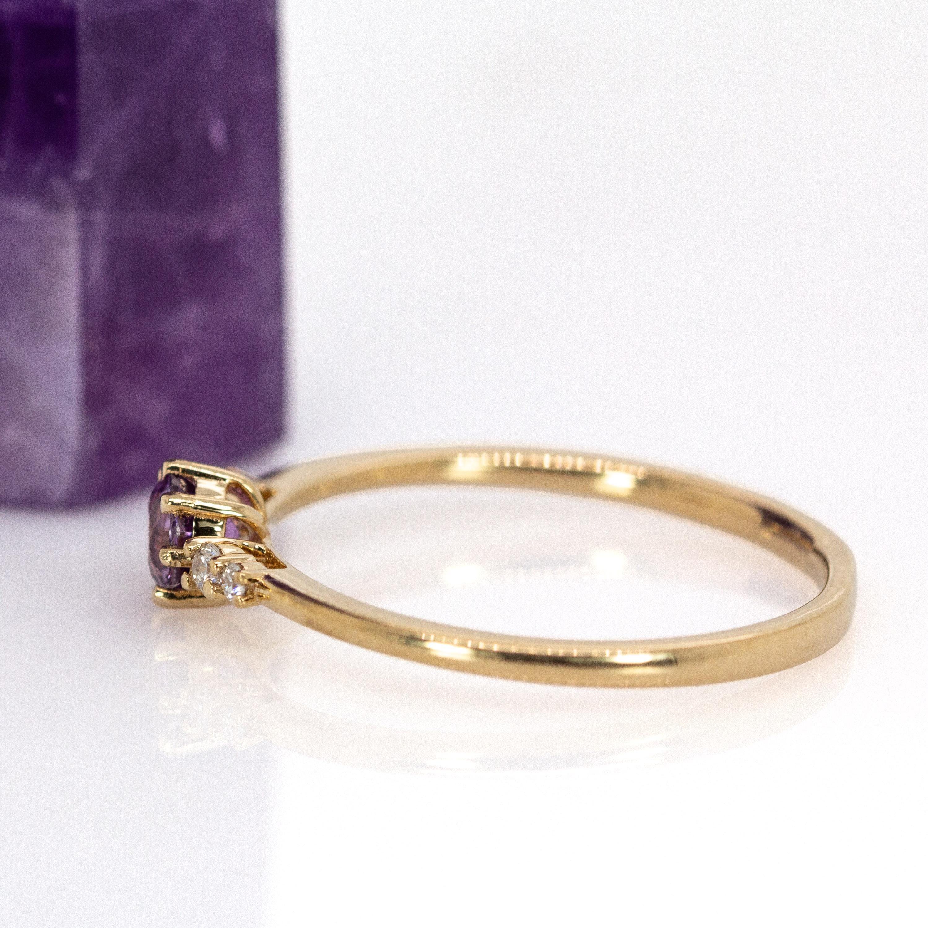 Runde 4mm Ceylon lila Saphir Ring in 14k massivem Gold w Erde Mined Diamanten im Angebot 6
