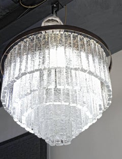 Round 5+1 Tiers Chandelier, Murano, Clear Glass 1990s, Bronze Finish Metal Ring