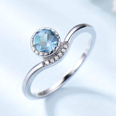 Round 5MM Aquamarine Sky Blue Cubic Zirconia Sterling Silver Ring