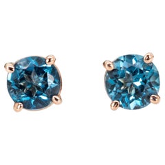 Round 5mm Brazilian London Blue Topaz Solitaire Studs in Solid 14K Rose Gold