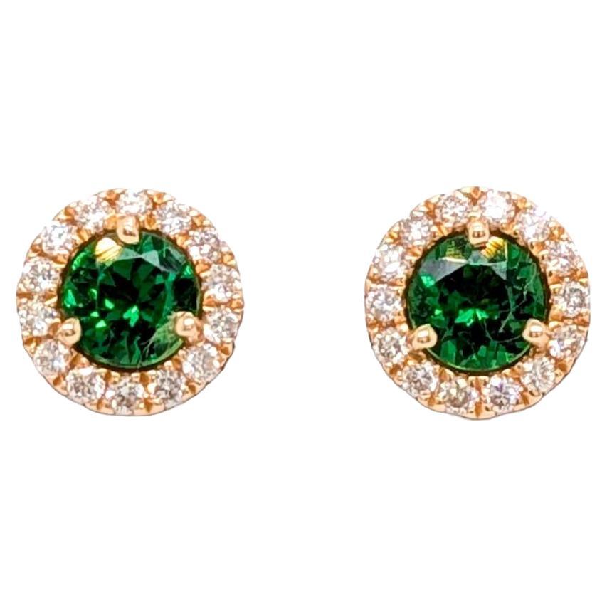 Round 5mm - Tanzania Tsavorite Earrings w Natural Diamond Halo in Solid 14K Gold