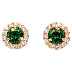 Round 5mm - Tanzania Tsavorite Earrings w Natural Diamond Halo in Solid 14K Gold