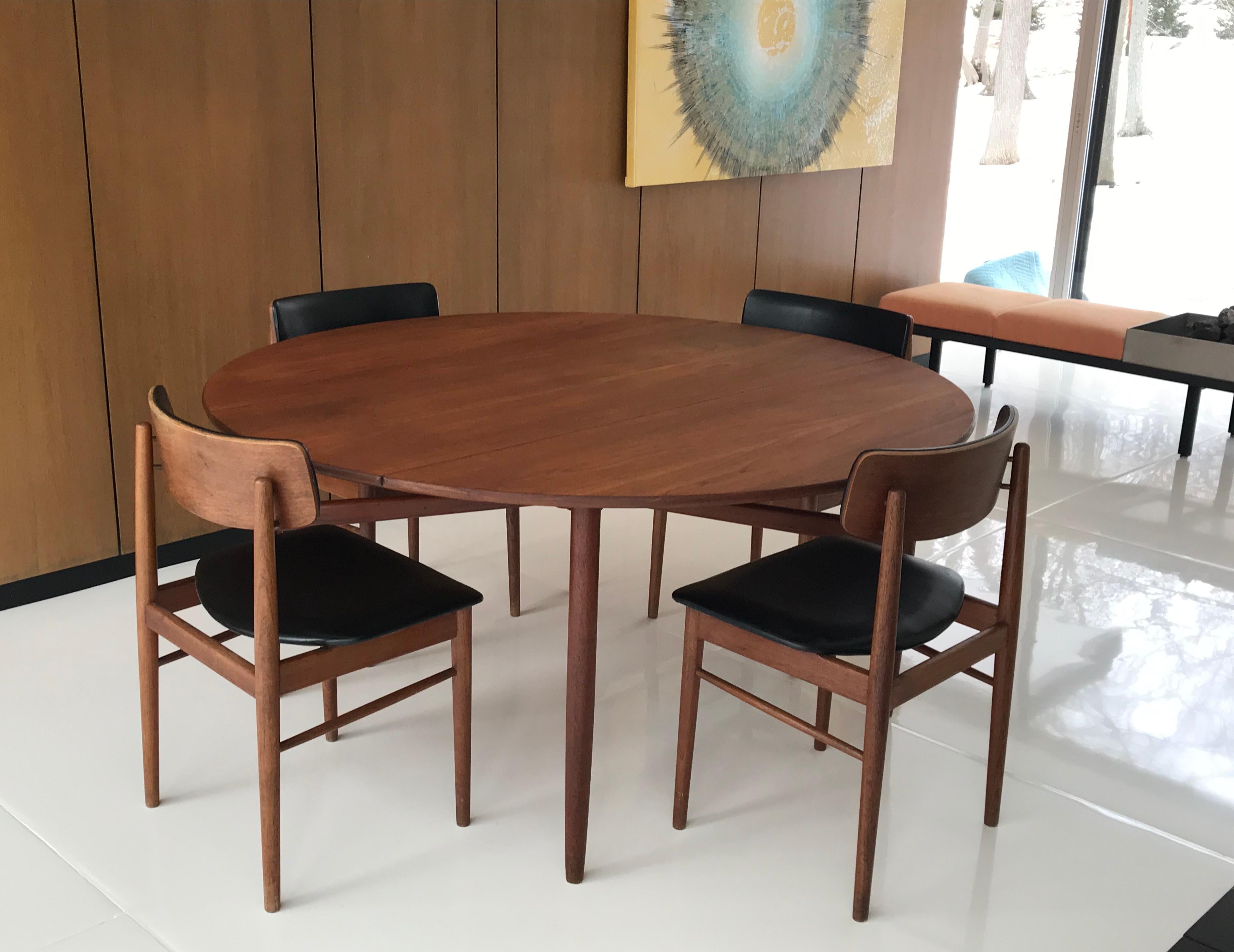 Mid Century Teak Dining Table, Round Drop Leaf, Hans Wegner Style, Denmark 1