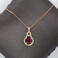 Round 6mm - Dainty Rubellite and Natural Diamond Halo Pendant in 14K Solid Gold