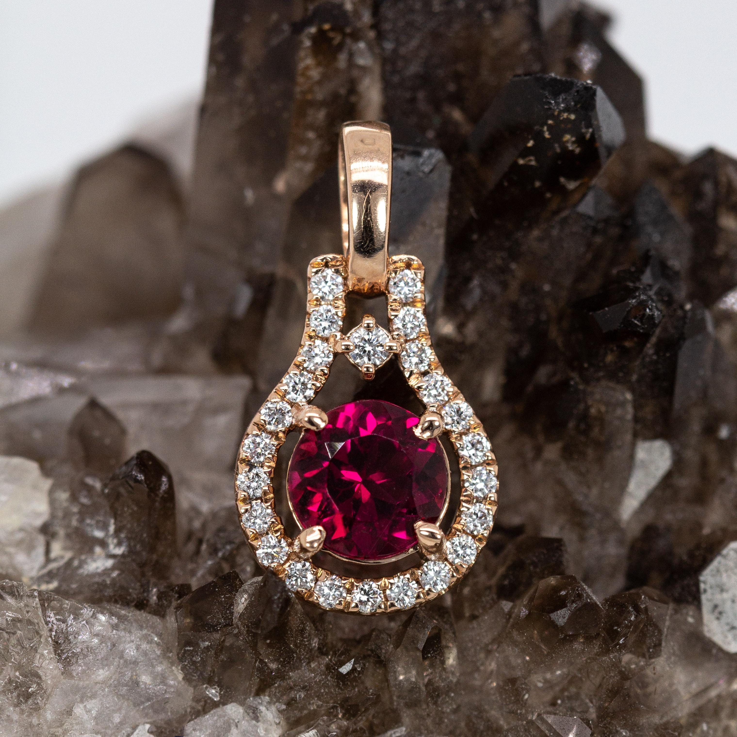 Art Deco Round 6mm - Dainty Ruby and Natural Diamond Halo Pendant in 14K Solid Gold For Sale