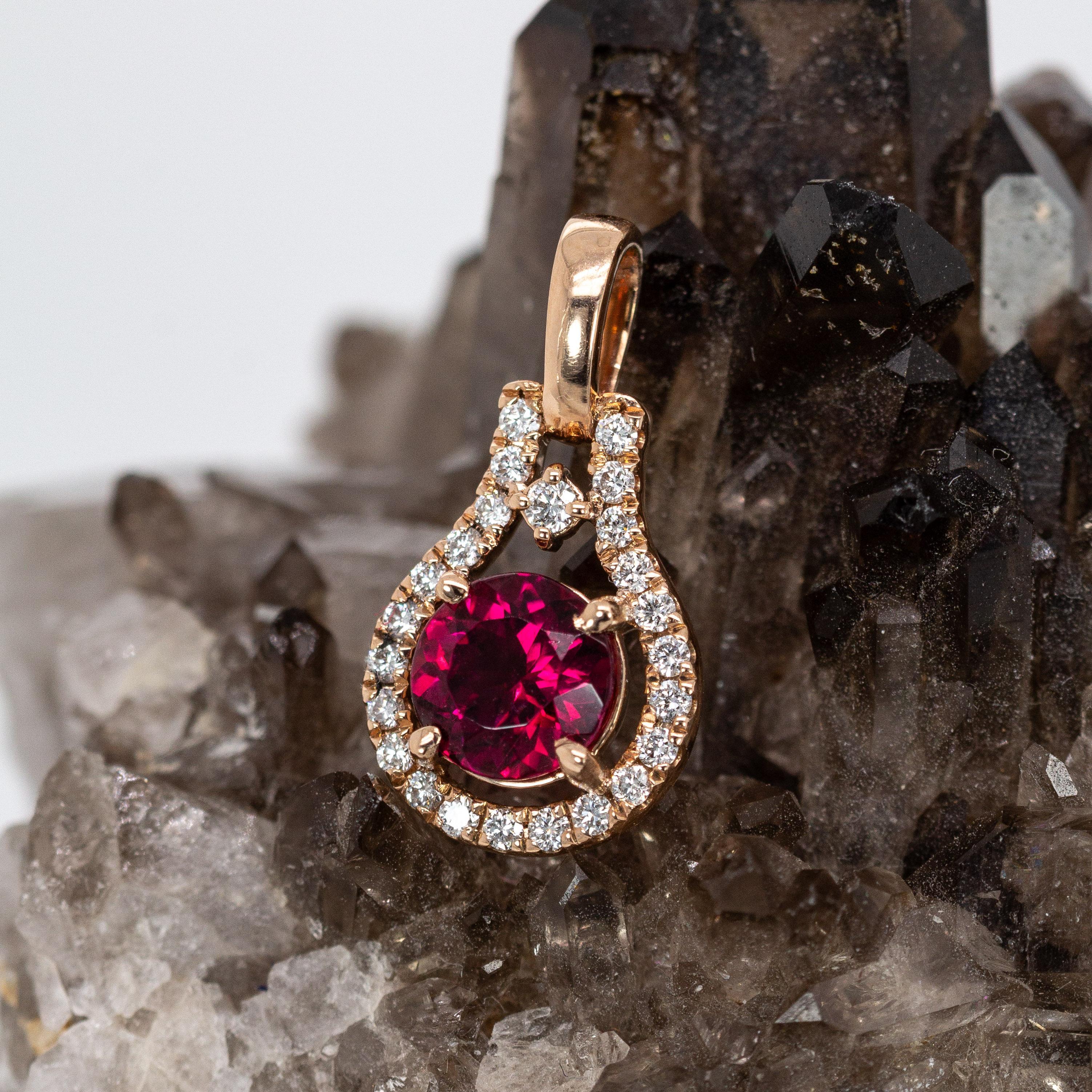 Round Cut Round 6mm - Dainty Ruby and Natural Diamond Halo Pendant in 14K Solid Gold For Sale