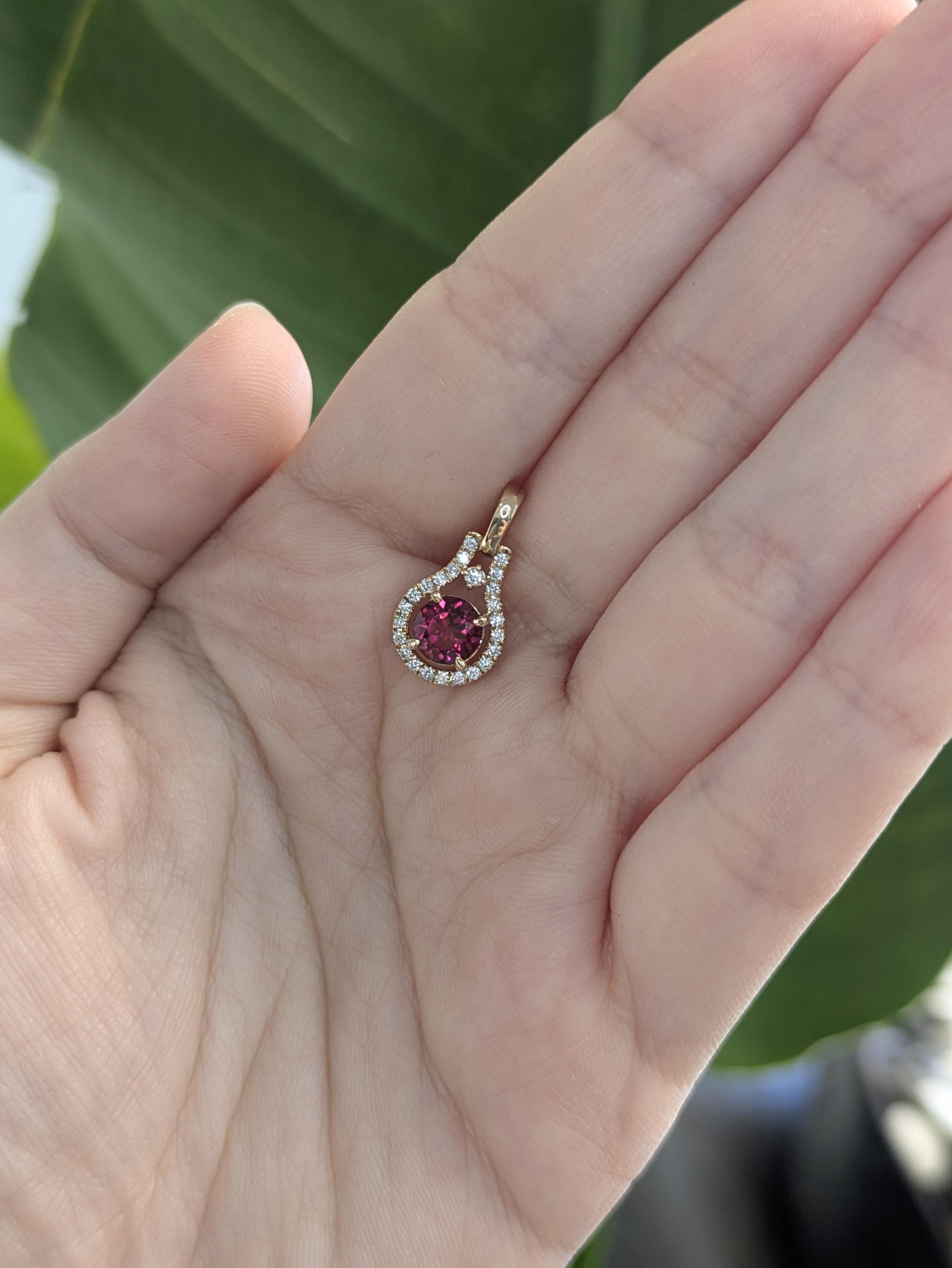 Round 6mm - Dainty Ruby and Natural Diamond Halo Pendant in 14K Solid Gold For Sale 1