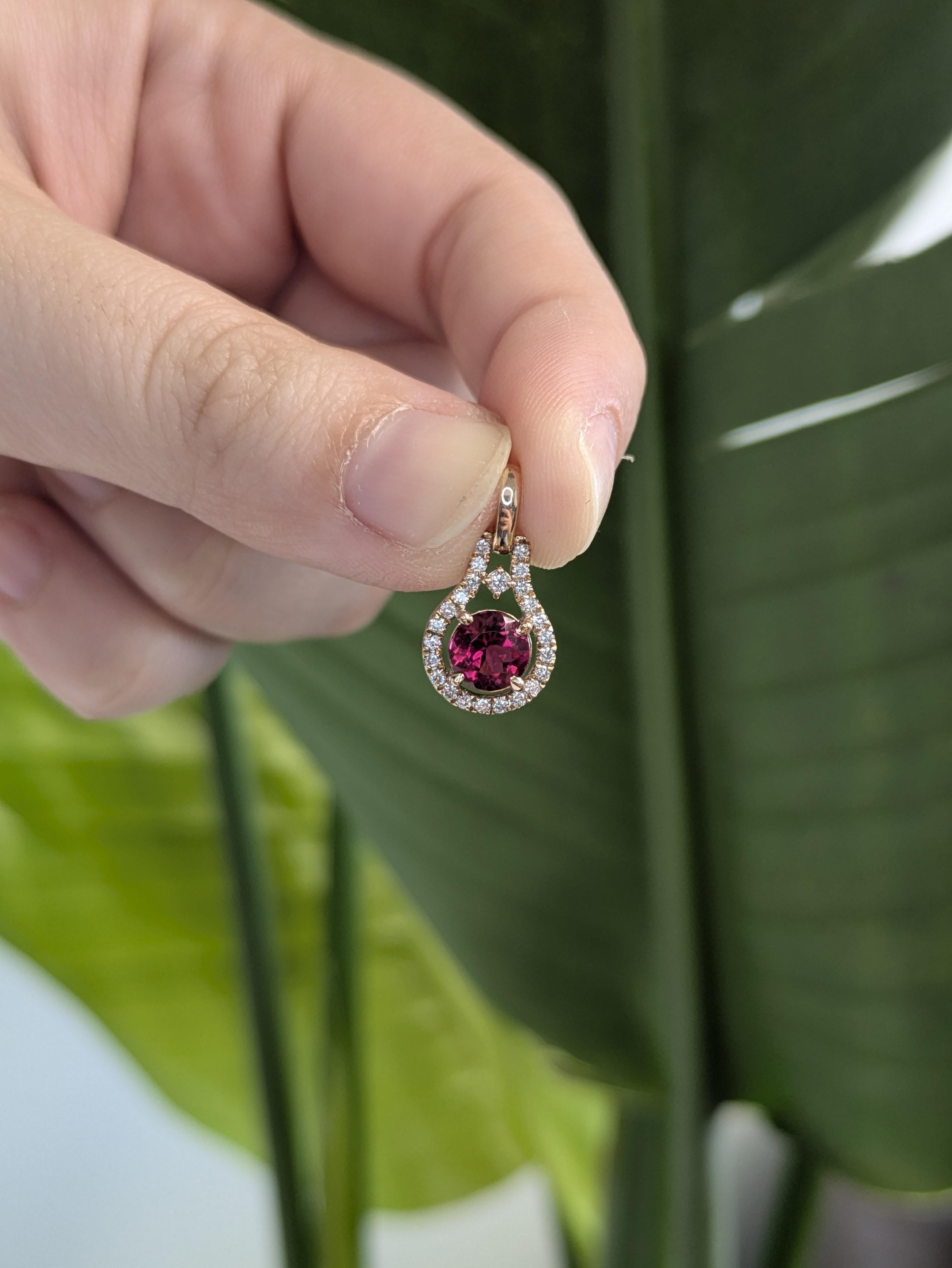 Round 6mm - Dainty Ruby and Natural Diamond Halo Pendant in 14K Solid Gold For Sale 2