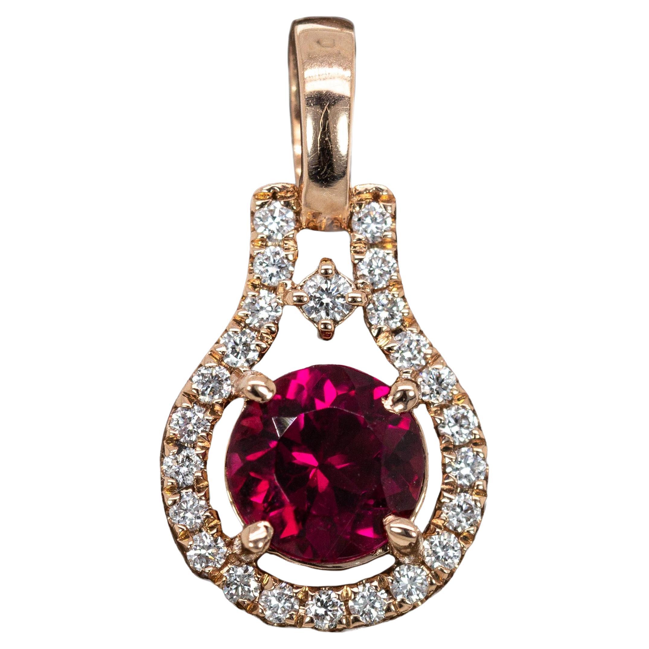 Round 6mm - Dainty Ruby and Natural Diamond Halo Pendant in 14K Solid Gold
