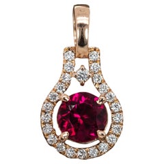 Round 6mm - Dainty Ruby and Natural Diamond Halo Pendant in 14K Solid Gold