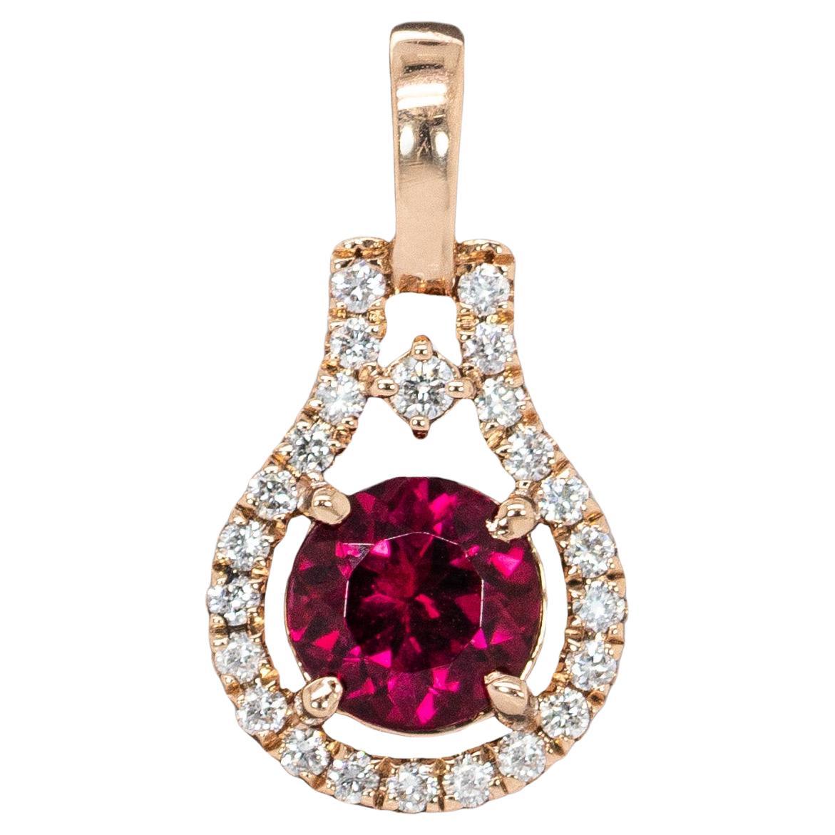 Round 6mm - Dainty Ruby and Natural Diamond Halo Pendant in 14K Solid Gold