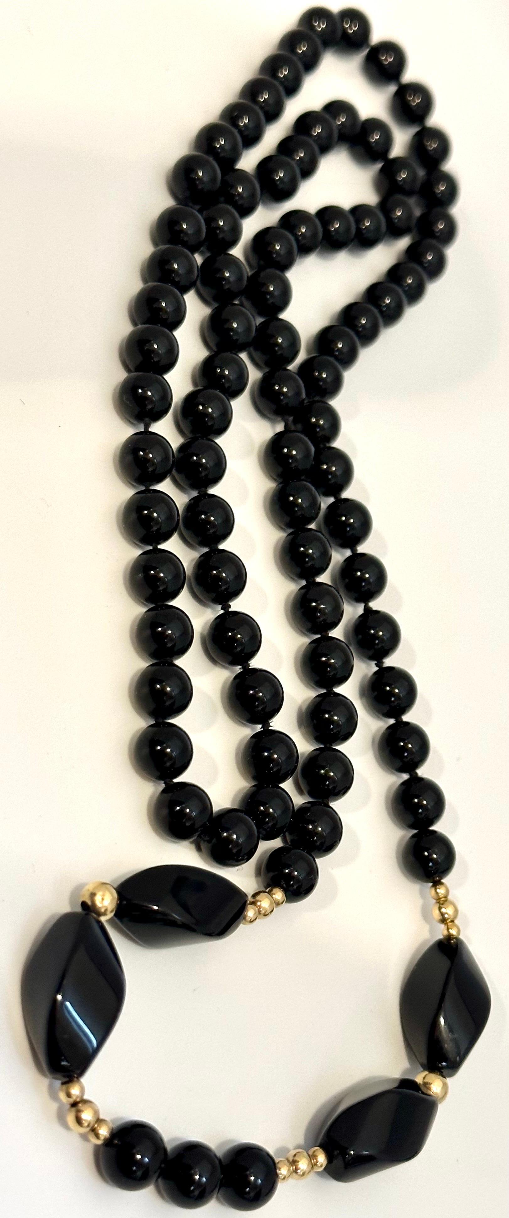 Round Cut Round 8 MM Bead Black Onyx & 14 Karat Gold Bead Necklace 32 Inch Long For Sale