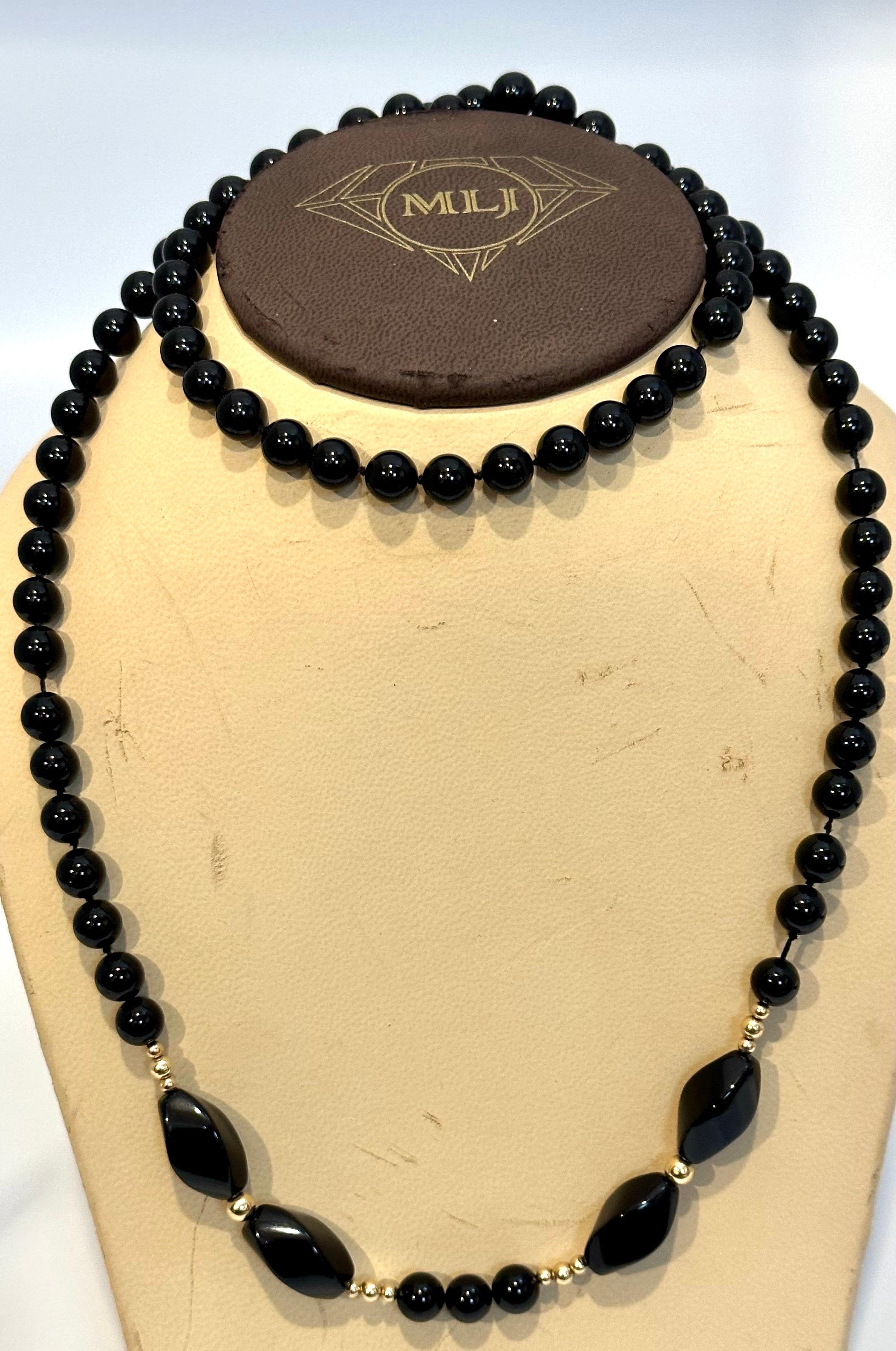 Women's Round 8 MM Bead Black Onyx & 14 Karat Gold Bead Necklace 32 Inch Long For Sale