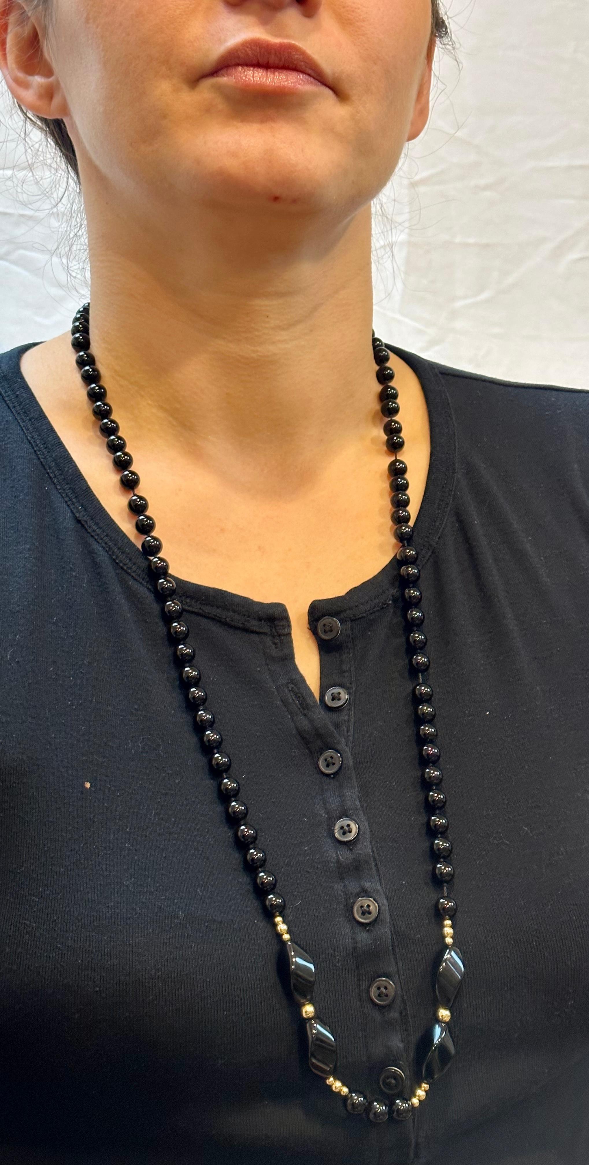 Round 8 MM Bead Black Onyx & 14 Karat Gold Bead Necklace 32 Inch Long For Sale 1
