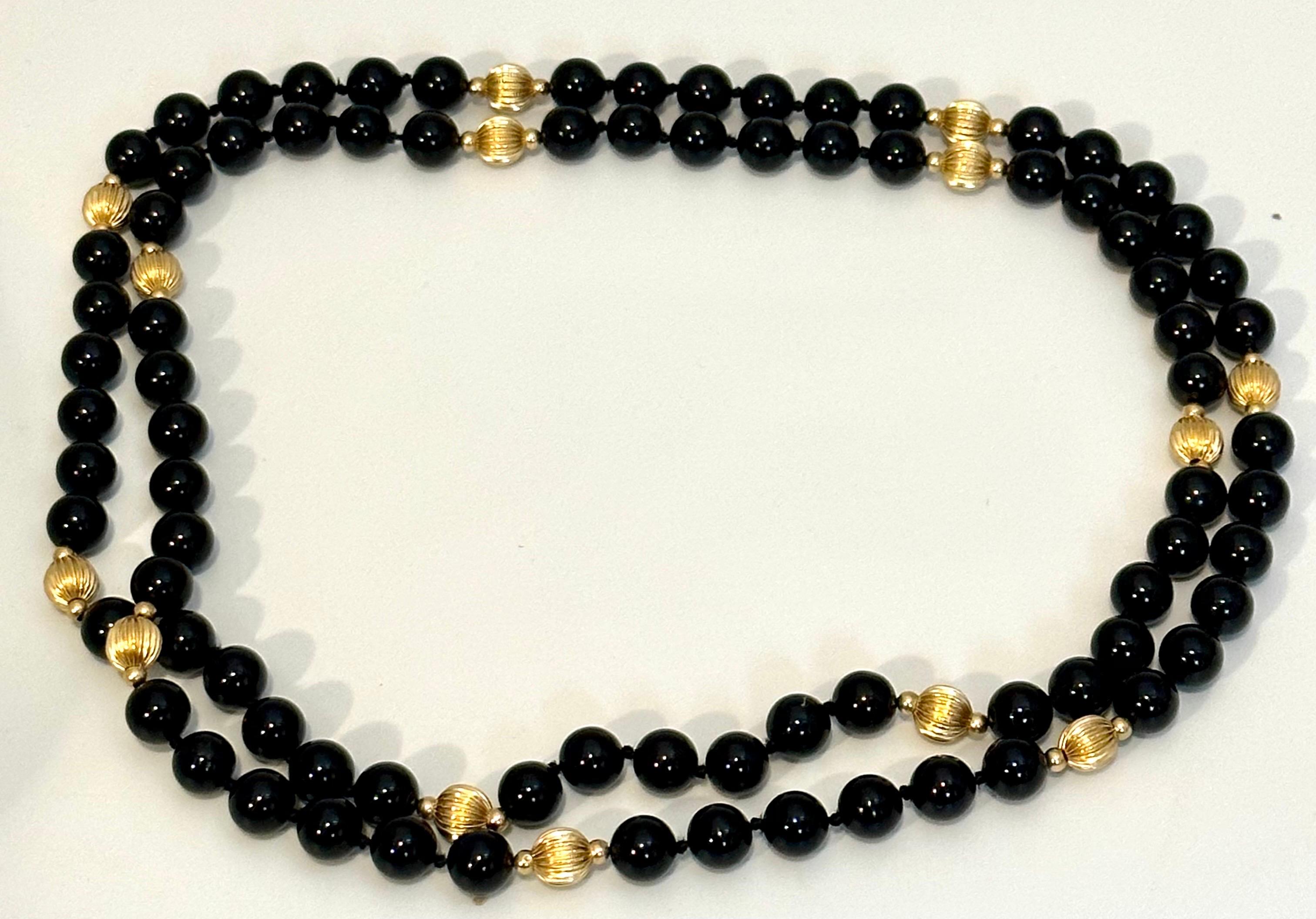 Runde Perle Schwarzer Onyx & 14 Karat Gold Perlenkette 2