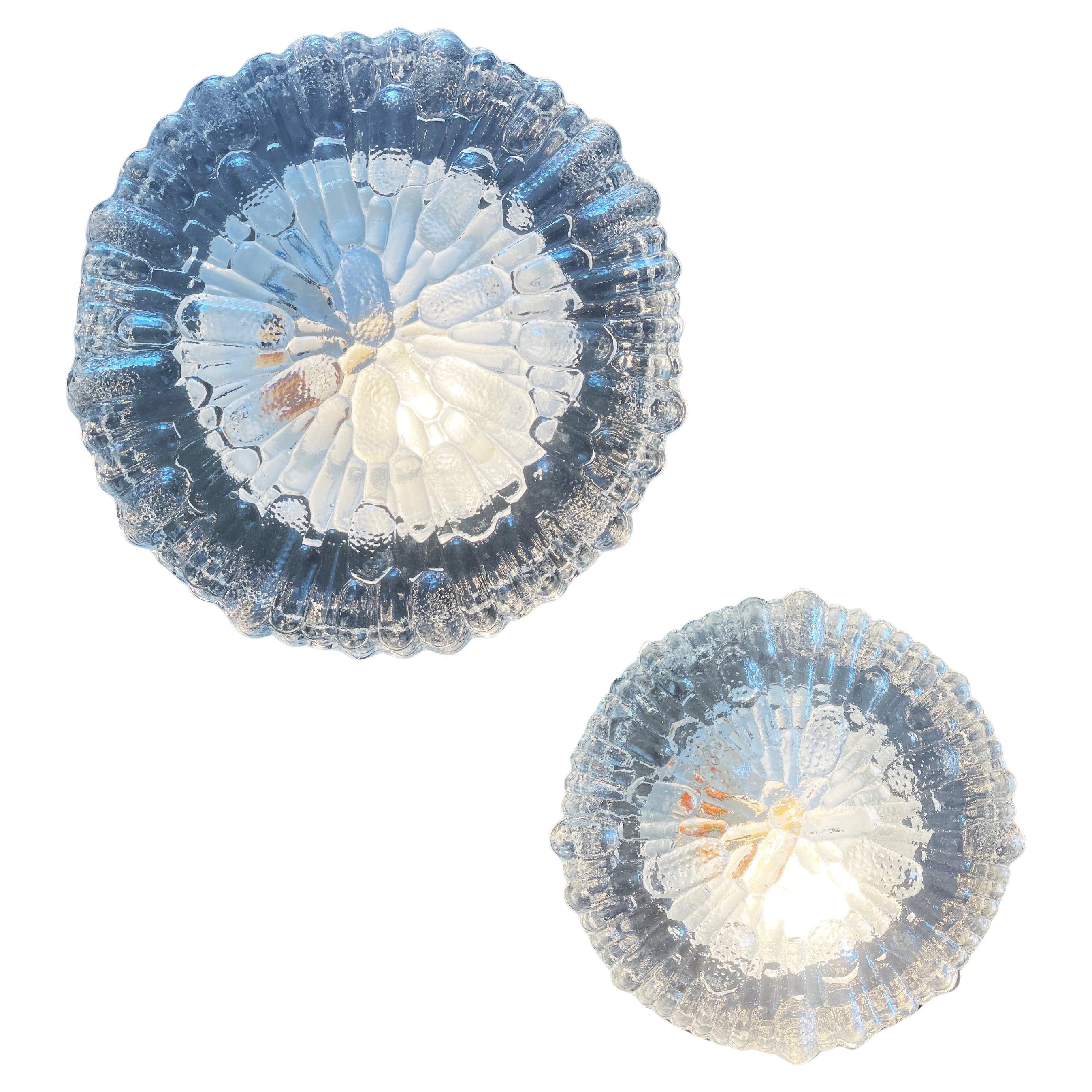 Round Abstract Reed Glass Flush Mount Lights, Set of 2, Eurolux, Germany 1970s