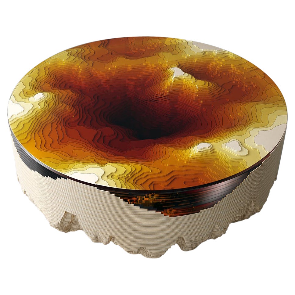 Round 
Abyss Horizon
 Coffee Table, Amber Plexiglass and Birch Wood For Sale