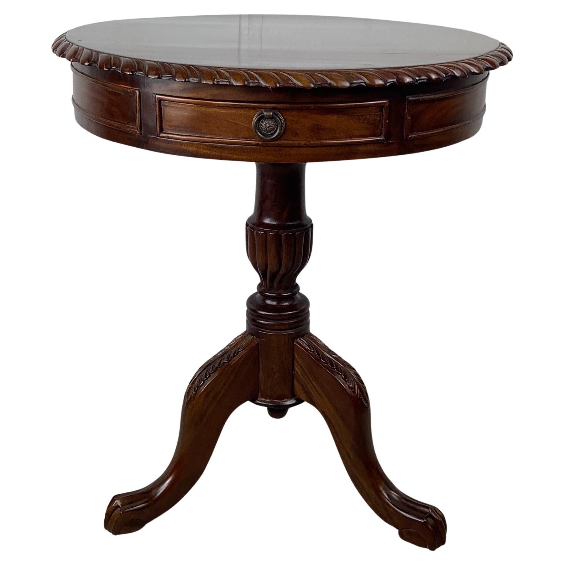 Round Accent Pedestal Table with Rope Edge Top and Drawer For Sale
