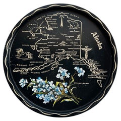 Round Alaska Tin Serving Tray in Black and Cream Mid Century