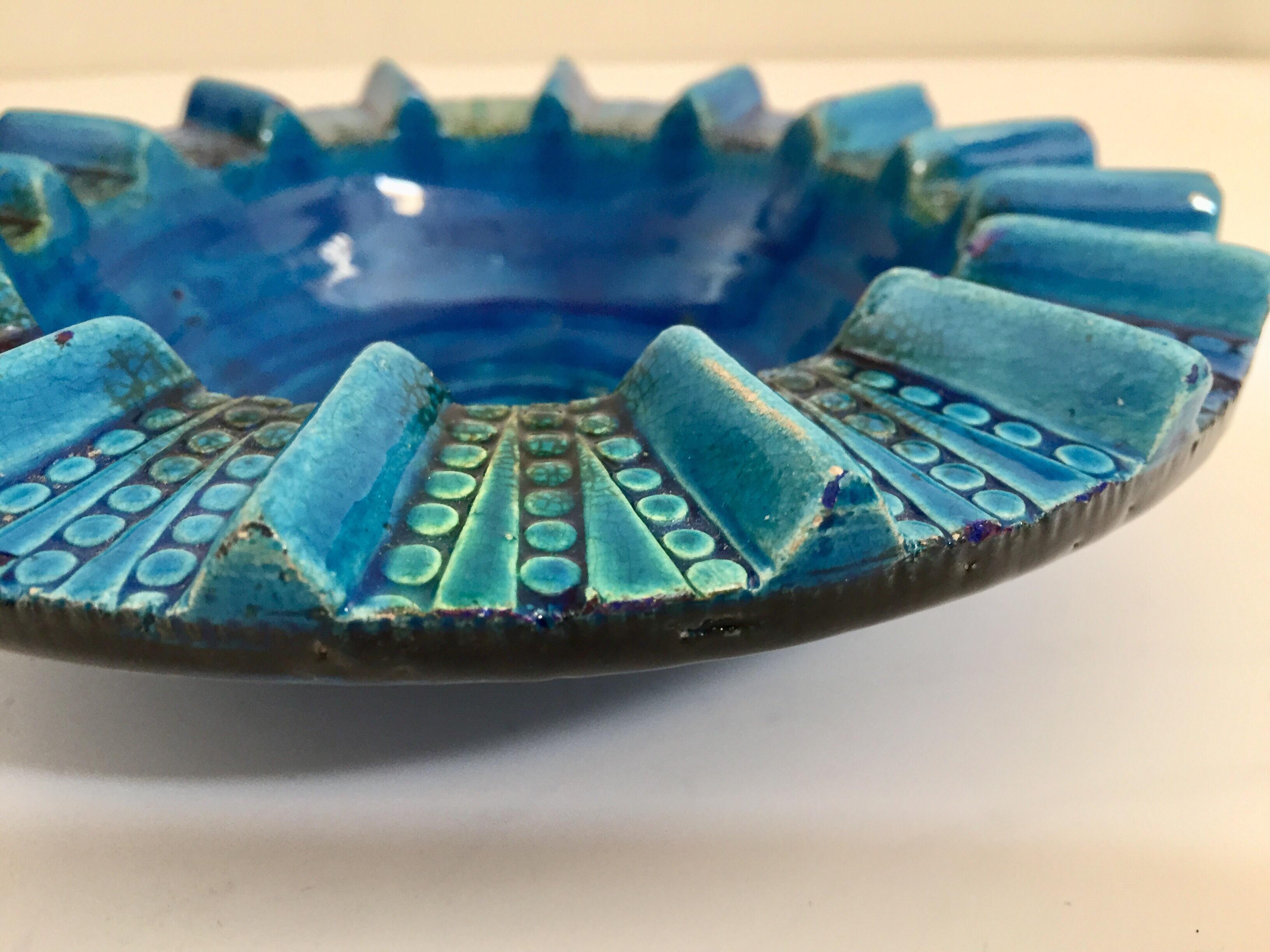 Vintage Blue Ceramic Ashtray Handcrafted in Italy by Aldo Londi 1950 For Sale 2