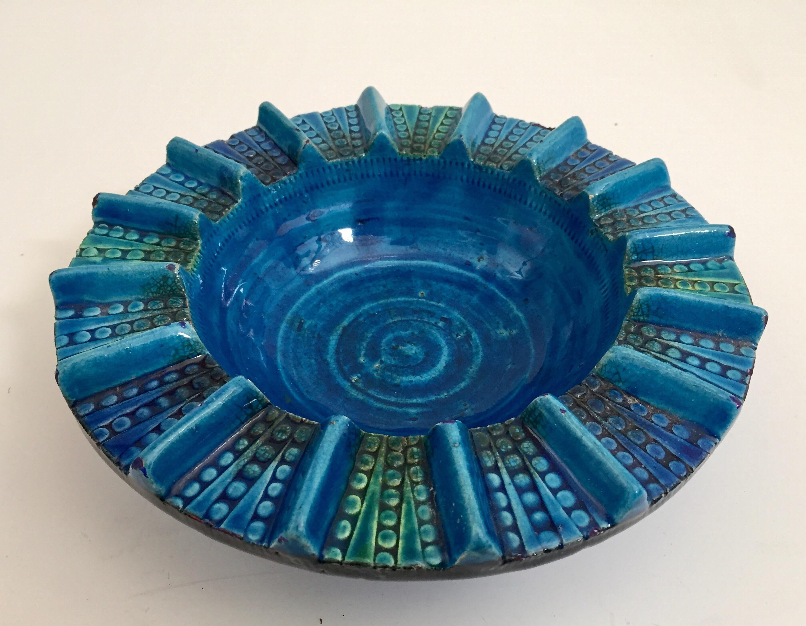 Mid-Century Modern Vintage Blue Ceramic Ashtray Handcrafted in Italy by Aldo Londi 1950 For Sale