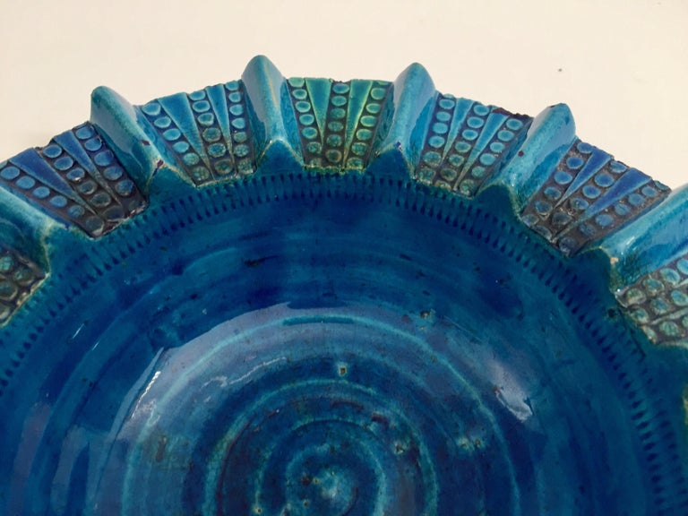 Hand-Carved Aldo Londi Blue Ceramic Ashtray Handcrafted in Italy For Sale