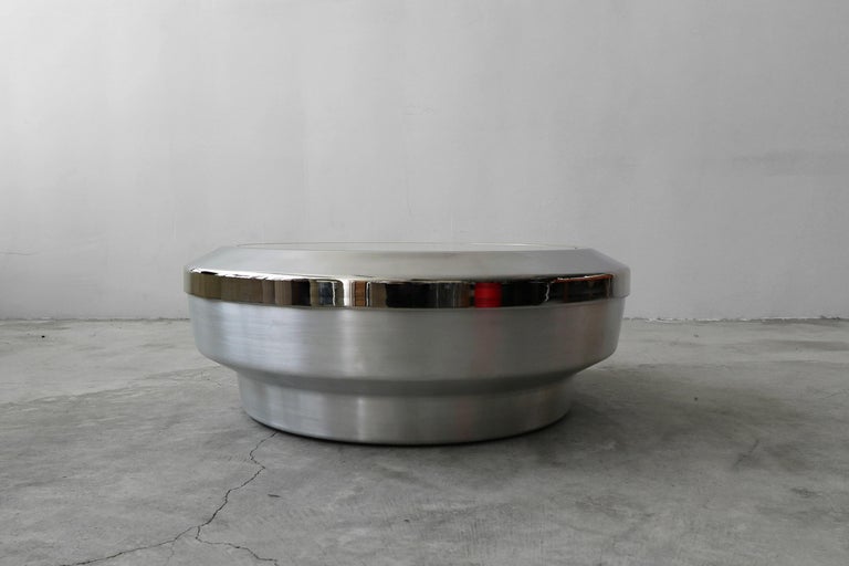 Round Aluminum Chrome and Mirror Drum Canister Coffee Table by GJ