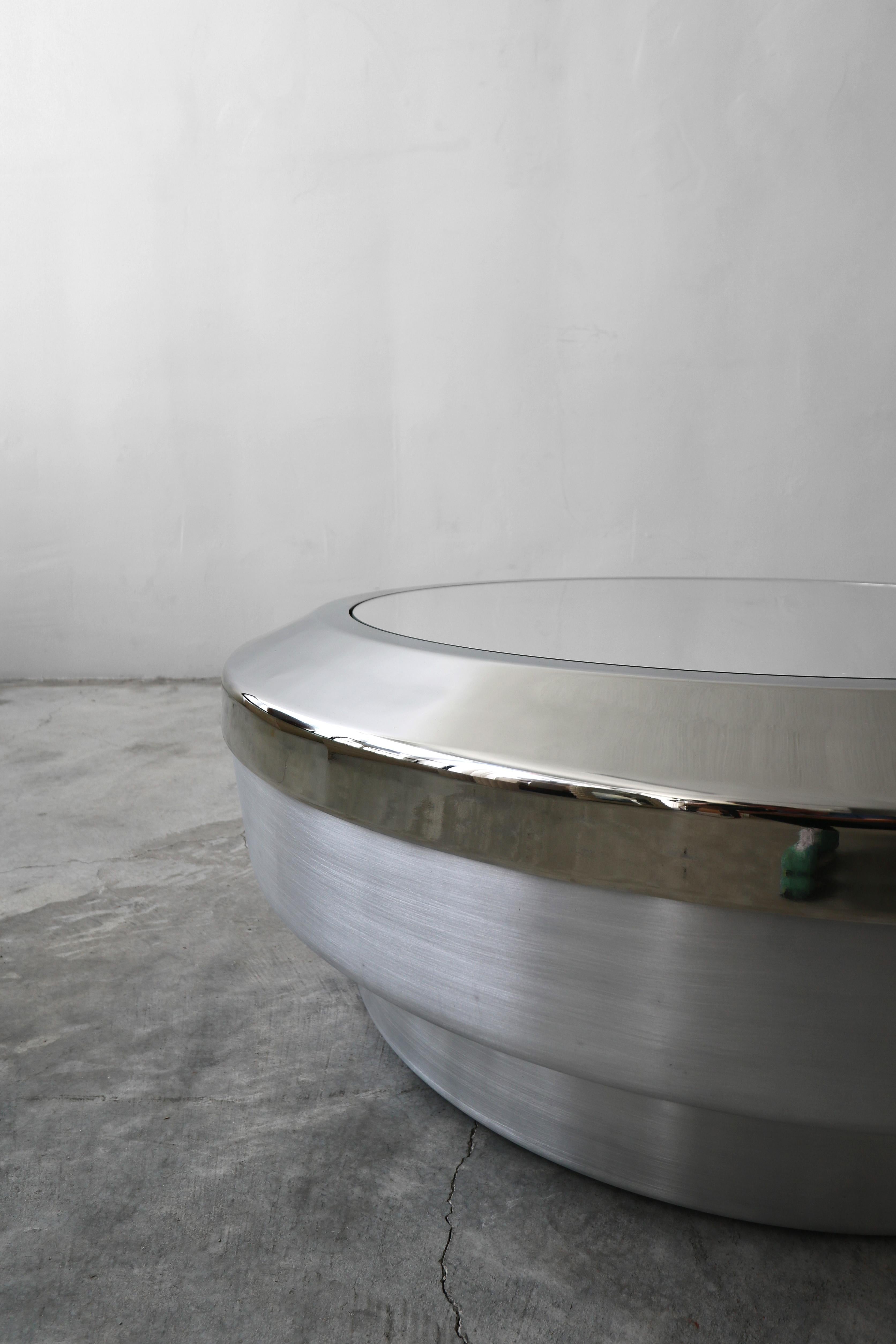 Round Aluminum Chrome and Mirror Drum Canister Coffee Table by GJ Neville 1