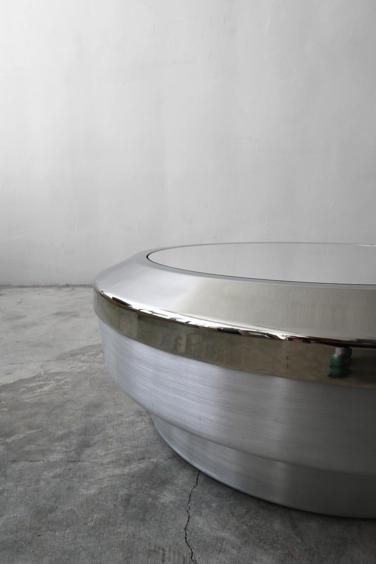 Round Aluminum Chrome and Mirror Drum Canister Coffee Table by GJ