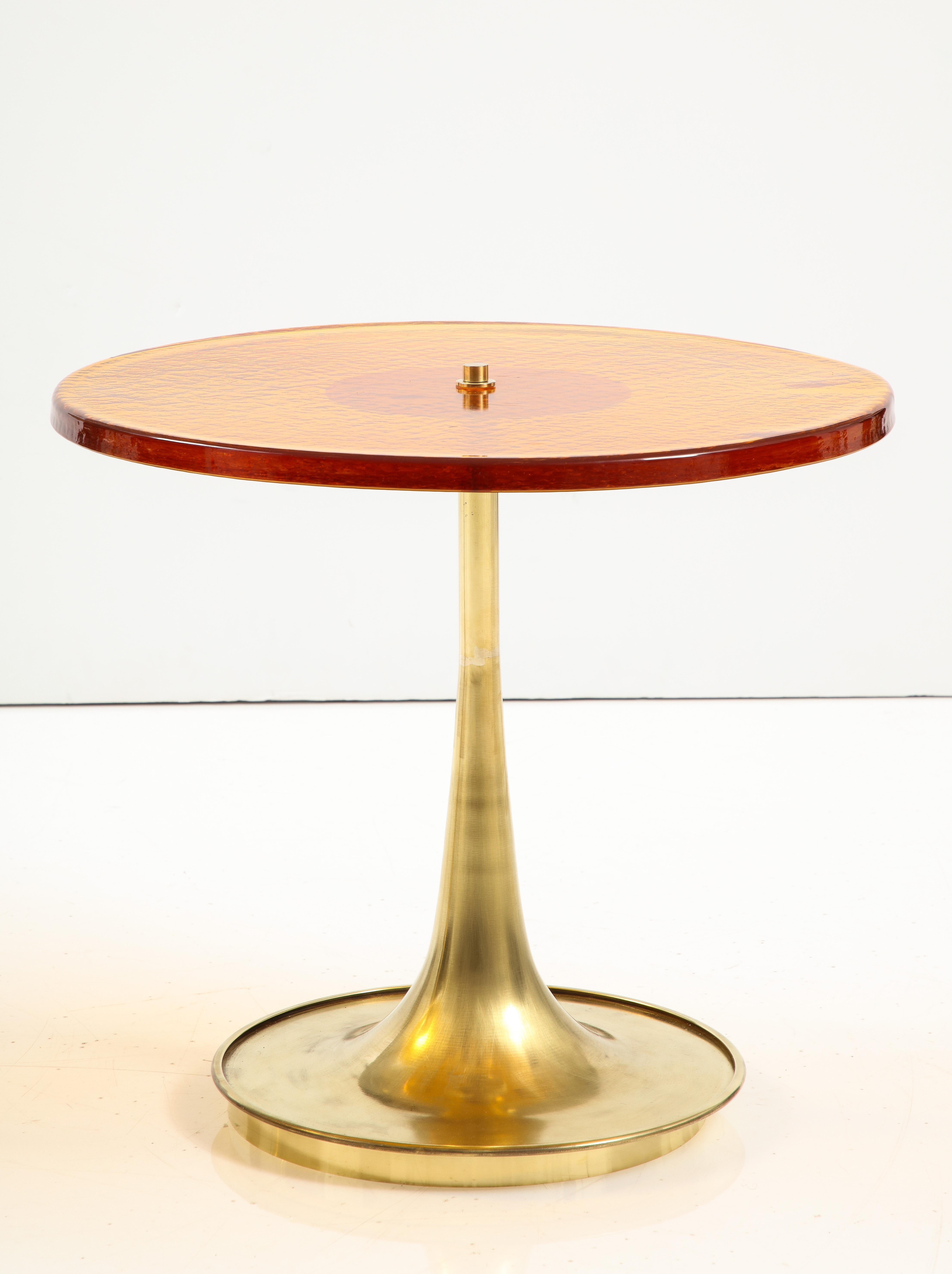 Italian Round Amber Deep Gold Murano Glass and Brass Martini or Side Table, Italy