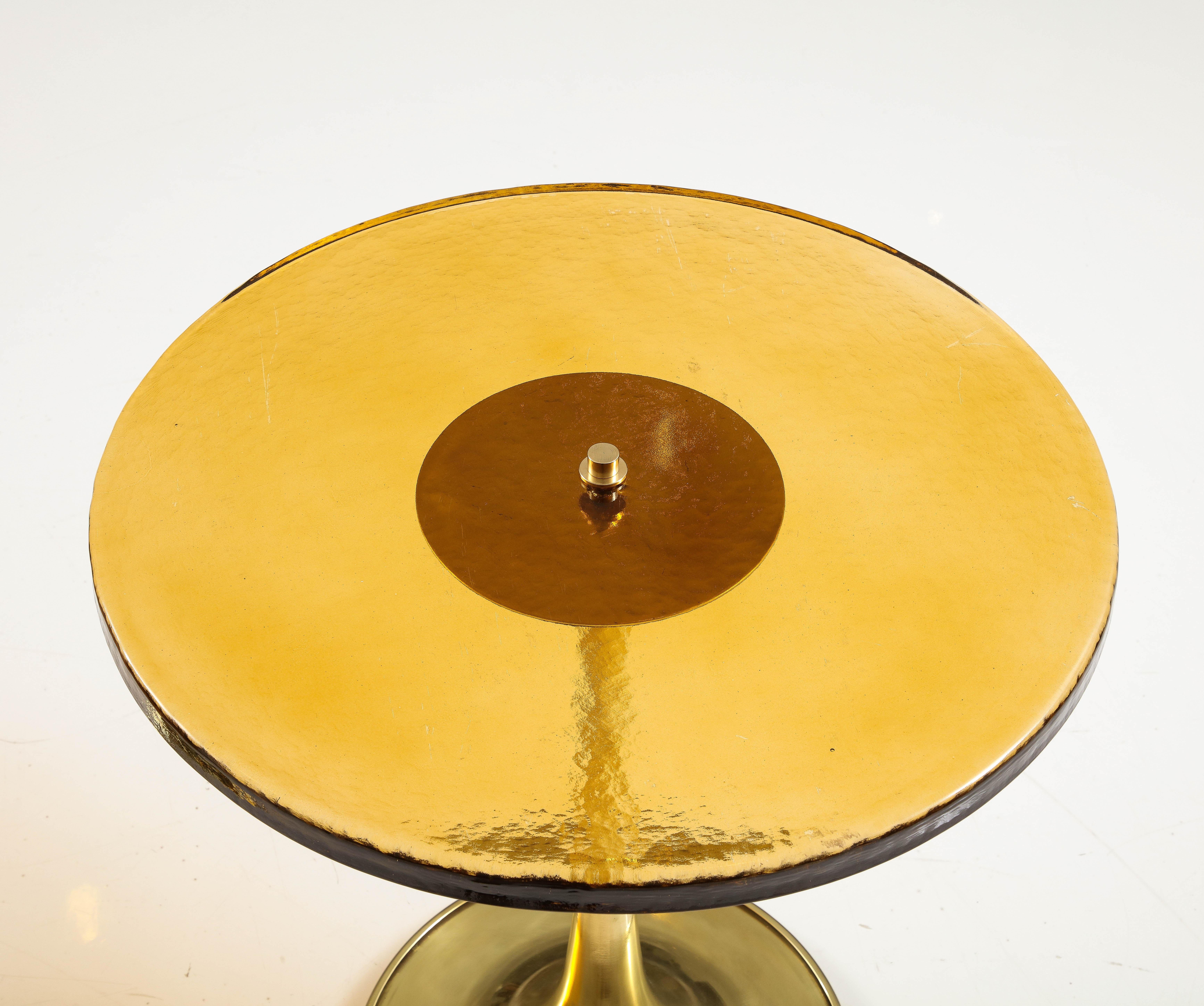 Hand-Crafted Round Amber Deep Gold Murano Glass and Brass Martini or Side Table, Italy