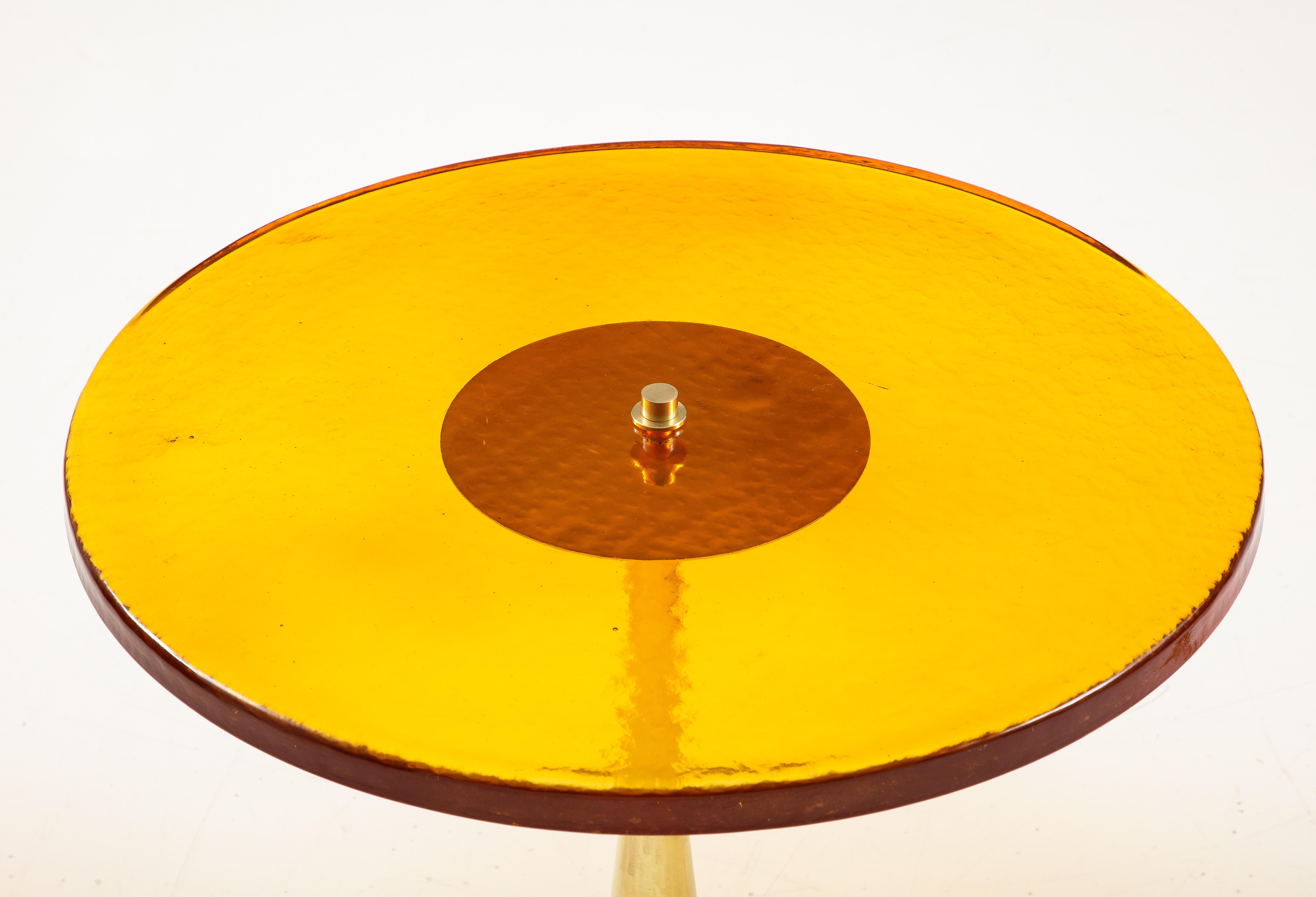 Contemporary Round Amber Deep Gold Murano Glass and Brass Martini or Side Table, Italy
