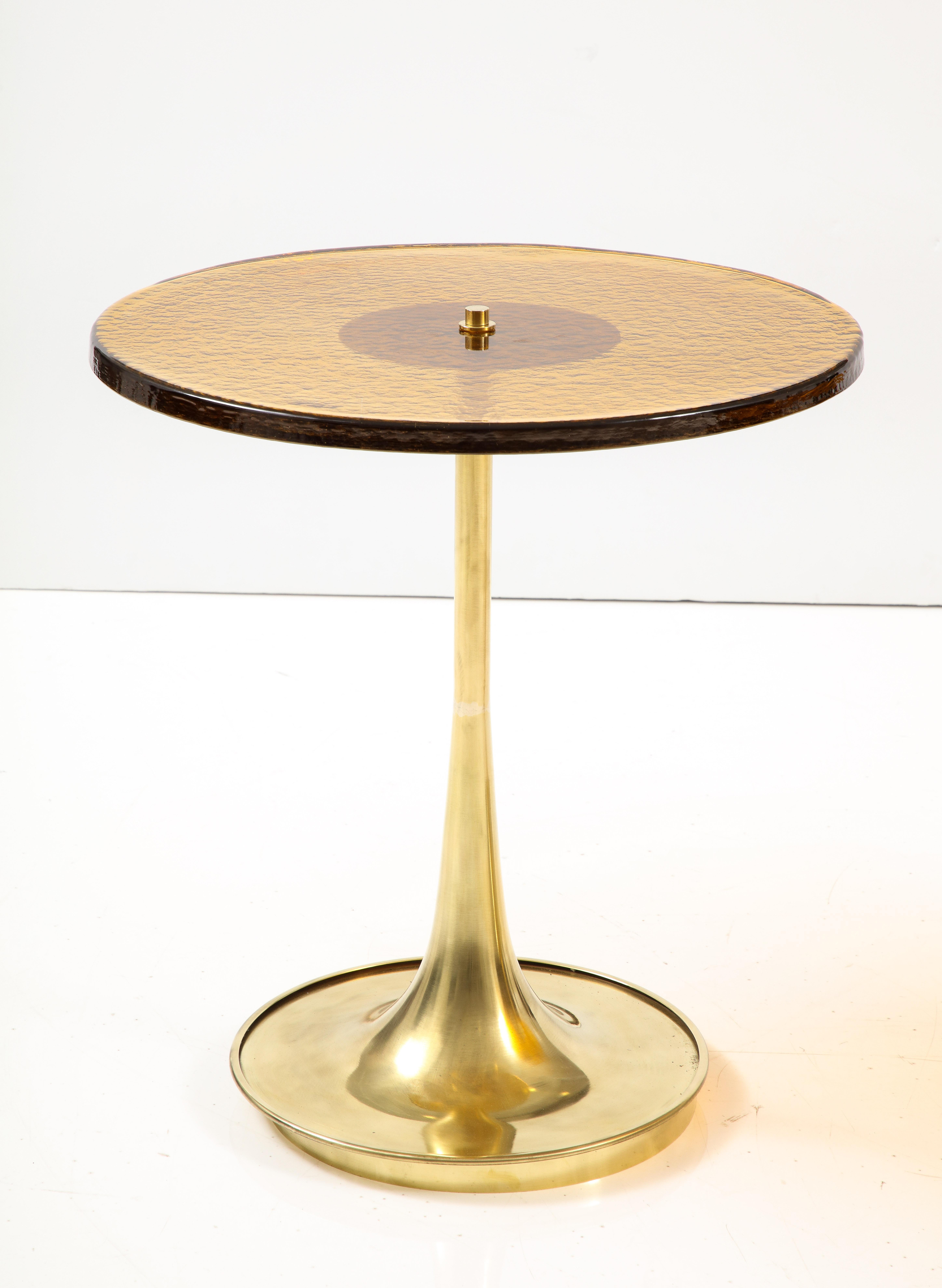 Mid-Century Modern Round Amber Deep Gold Murano Glass and Brass Martini or Side Table, Italy