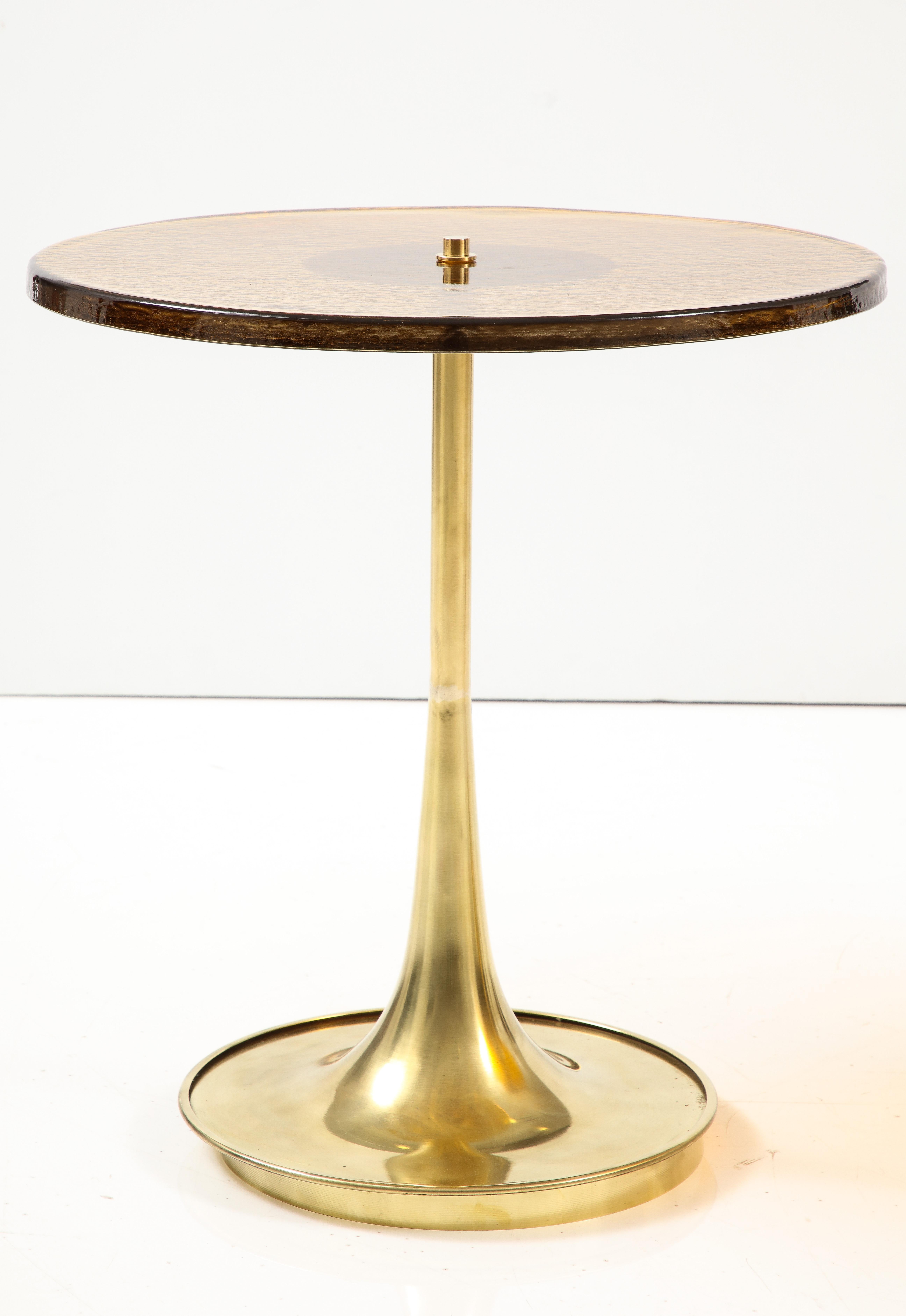 Italian Round Amber Deep Gold Murano Glass and Brass Martini or Side Table, Italy