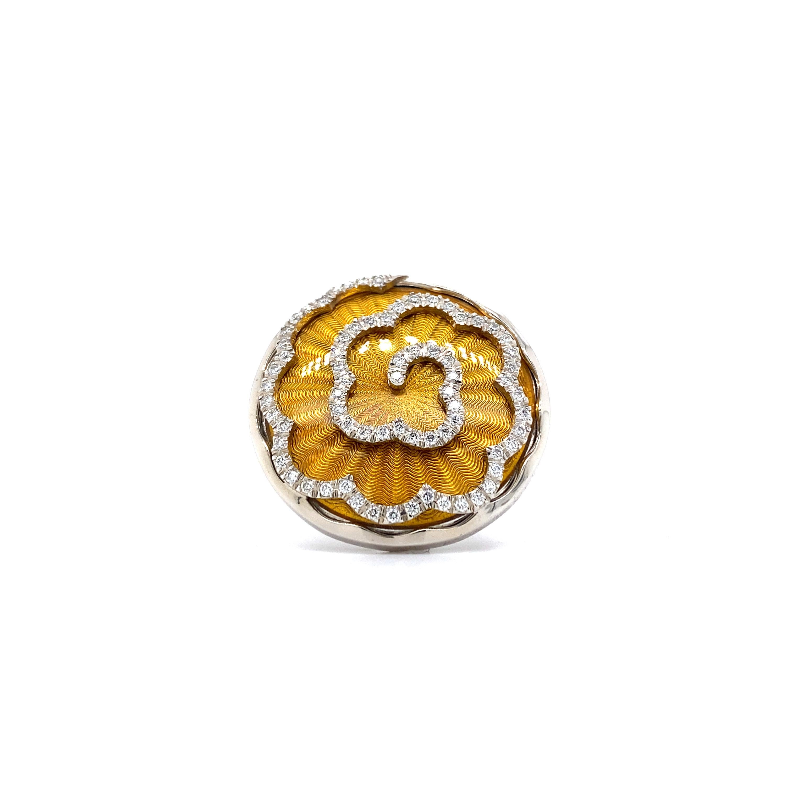 Brilliant Cut Round Amber Yellow Enamel Ring 18k White Gold 72 diamonds 0.53 ct 27 mm For Sale