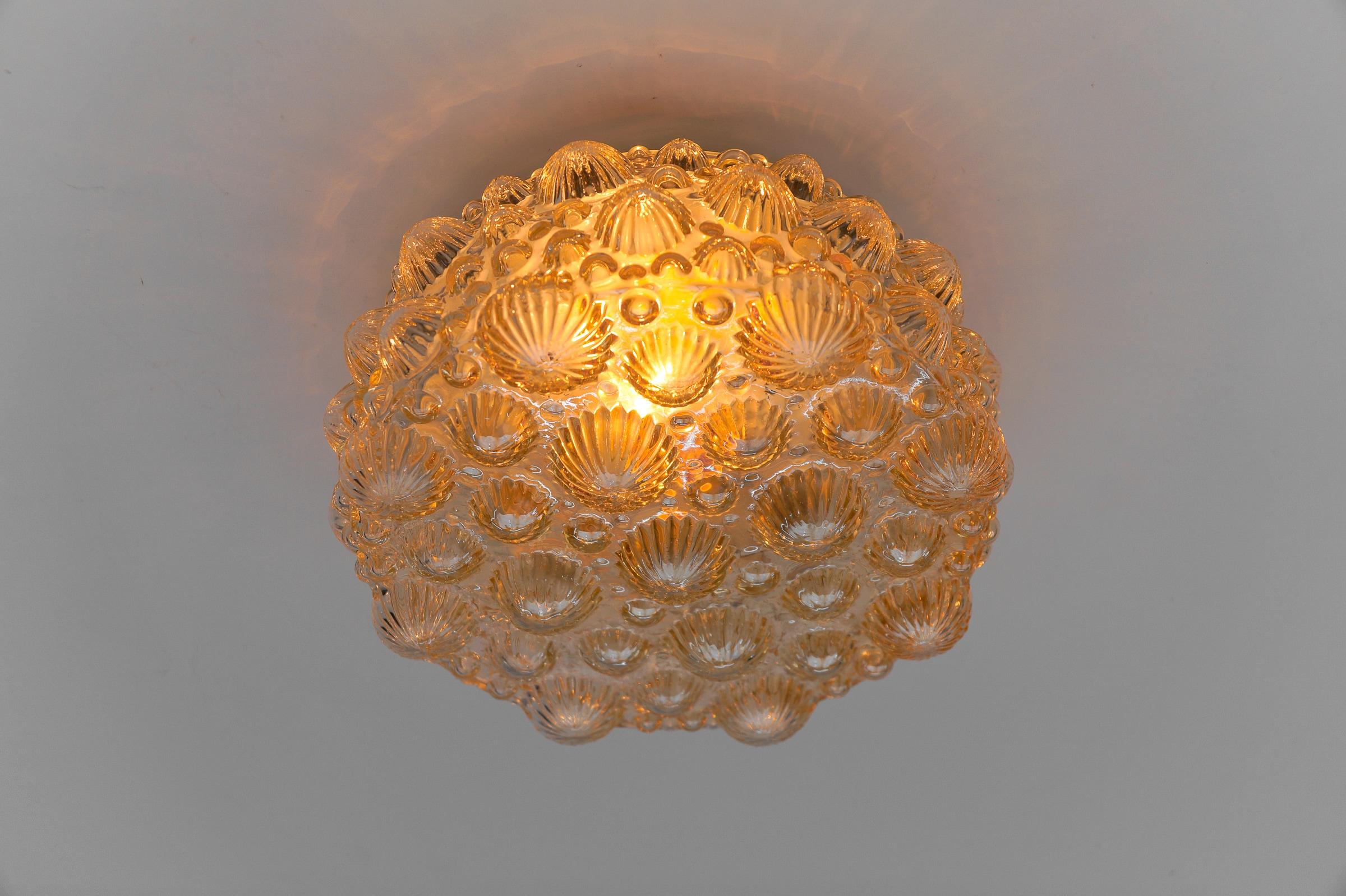Metal Round Amber Mid-Century Modern 3D Fossil Shell Shape Flush Mount Lamp, 1960s   For Sale