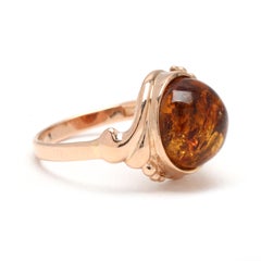 Round Amber Statement Ring, 9k Yellow Gold, Ring Size 5