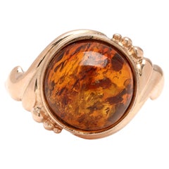 Round Amber Statement Ring, 9k Yellow Gold, Ring Size 5